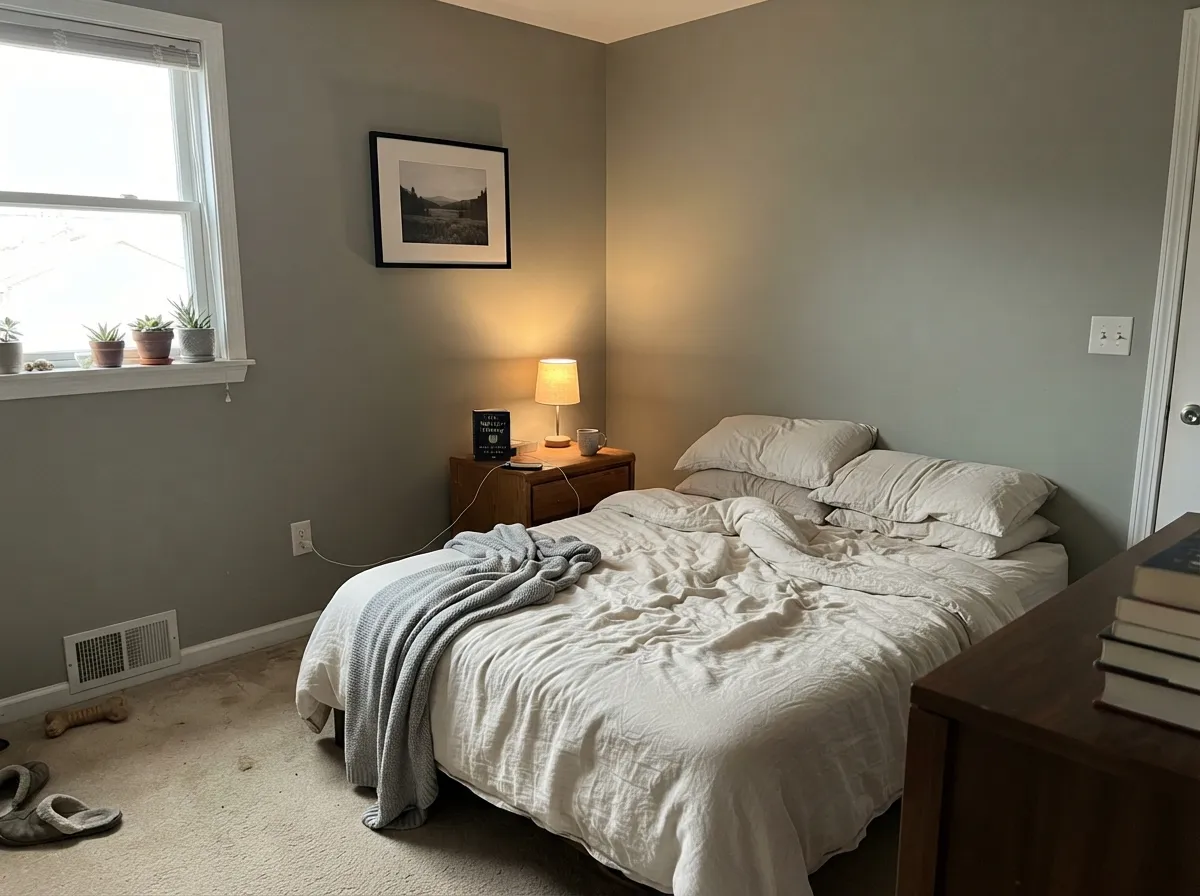 In warm south light the brown undertone comes forward and the wall reads like a calm, grounded olive.