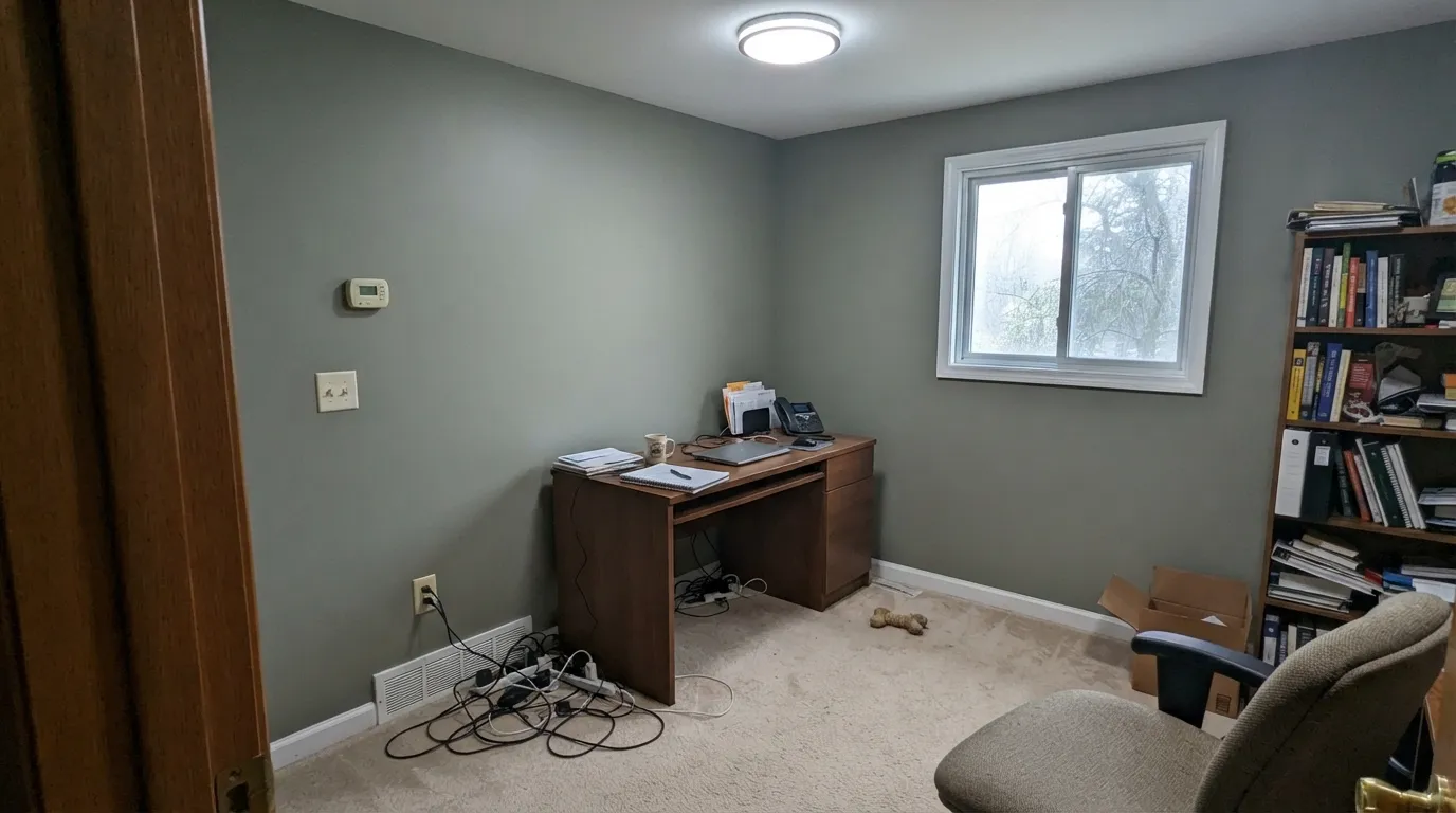 The honest shot: cool north light and cool LEDs strip the warmth out, leaving a flat, murky gray-green instead of the warm olive from the samples.