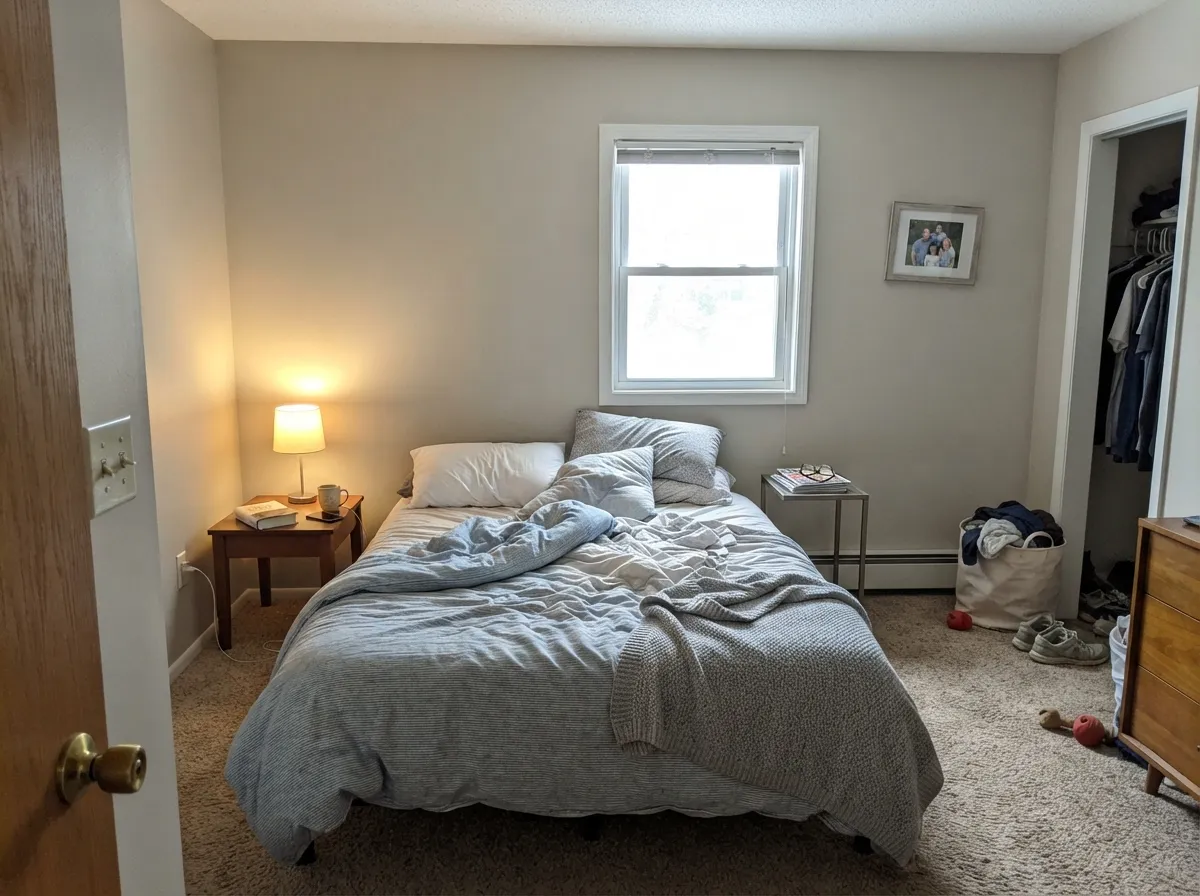 In a morning-lit bedroom the putty stays soft — no yellow beige, no cold gray, just a quiet taupe the lamps keep from going flat.