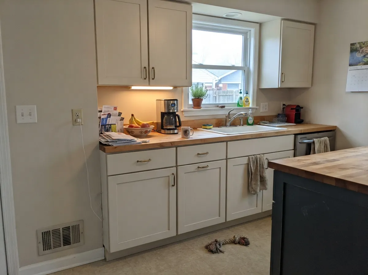 On kitchen walls the putty greige warms the wood and brass without going yellow — this is the company it was mixed for.