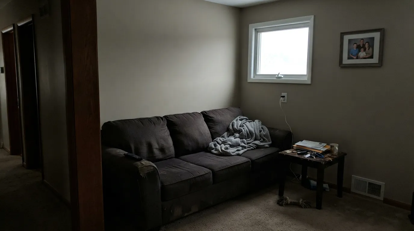 The honest shot: in a dim north room with no lamps, the taupe drains out and Warm Putty goes drab gray — the exact situation the bad reviews describe.