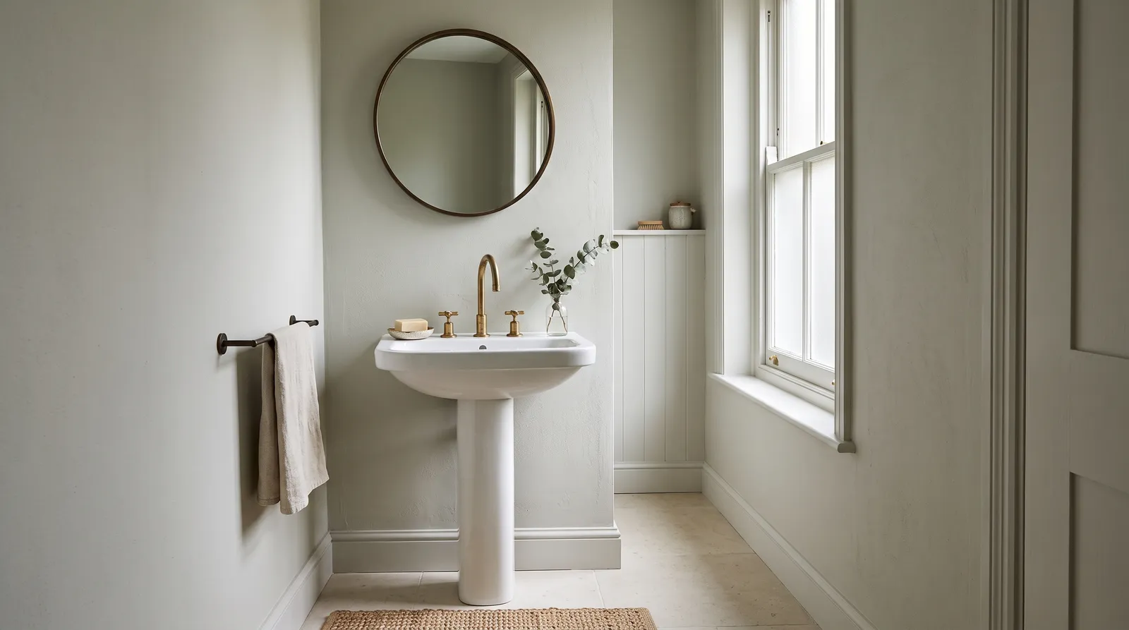 Small calm bathroom in soft daylight with pale grey-green walls, white trim, a pedestal basin, brass tap, round mirror, and a linen towel