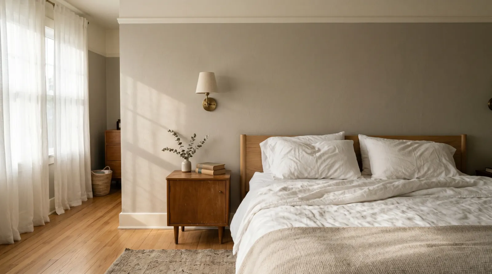 Quiet primary bedroom at sunrise with a muted greige wall, creamy white trim, oak bed, linen, and soft directional window light