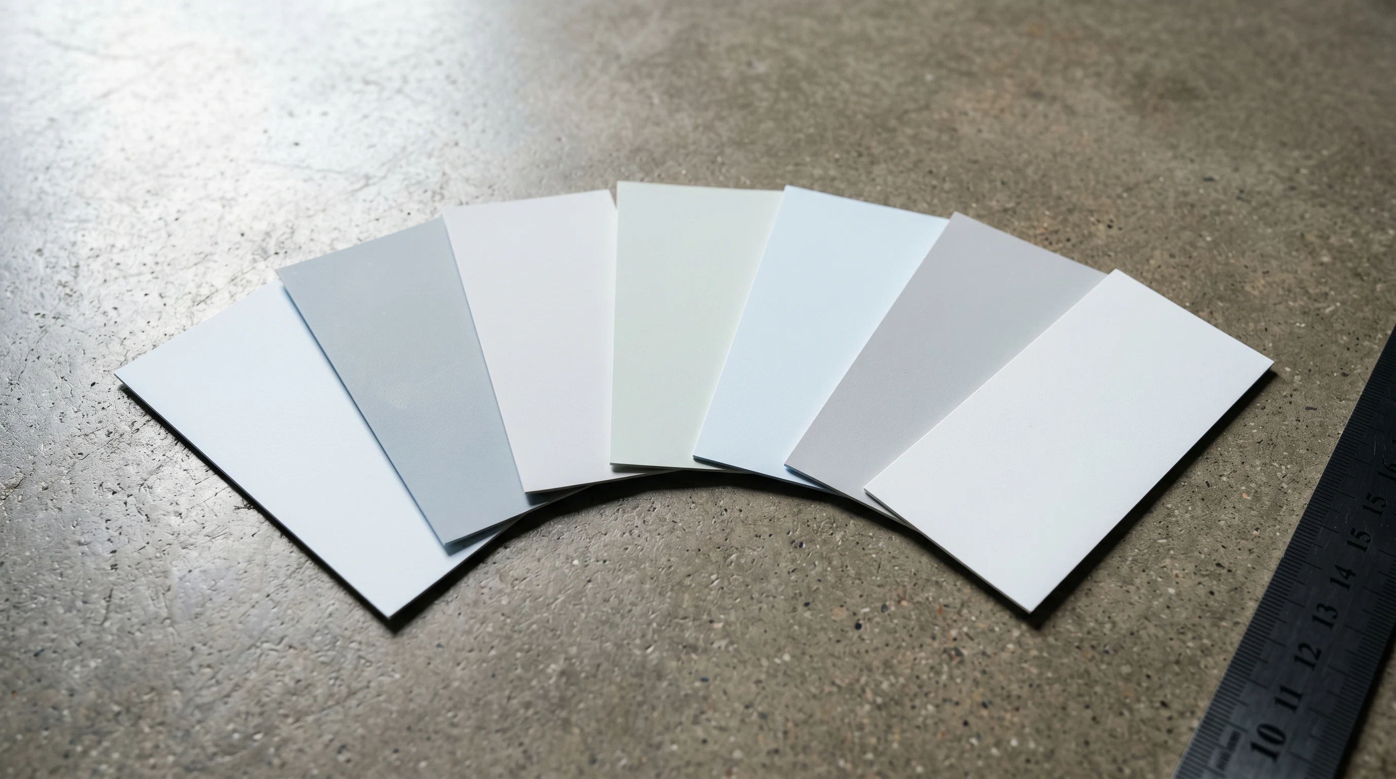 Seven cool white paint chips fanned across a polished concrete floor in cool north-facing daylight