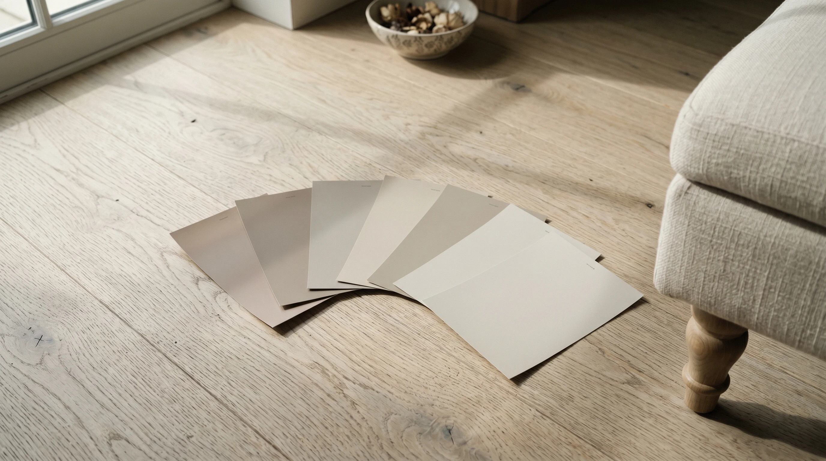 Seven greige paint chips fanned across a pale washed-oak floor in soft north-facing morning daylight