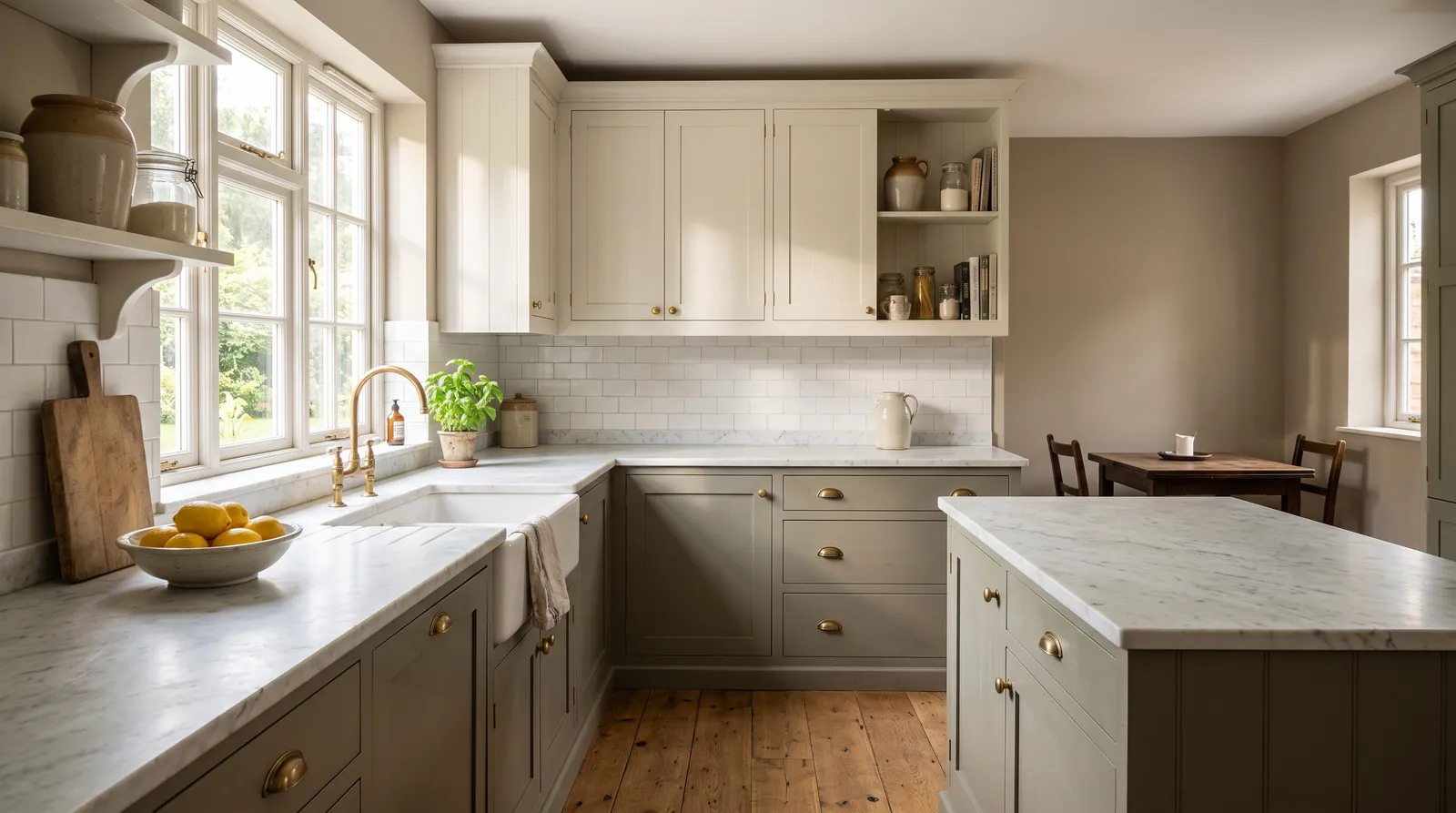 Warm kitchen in late-morning light with soft white upper cabinets, muted grey-green lower cabinets and island, brass hardware, marble counter, and a greige wall