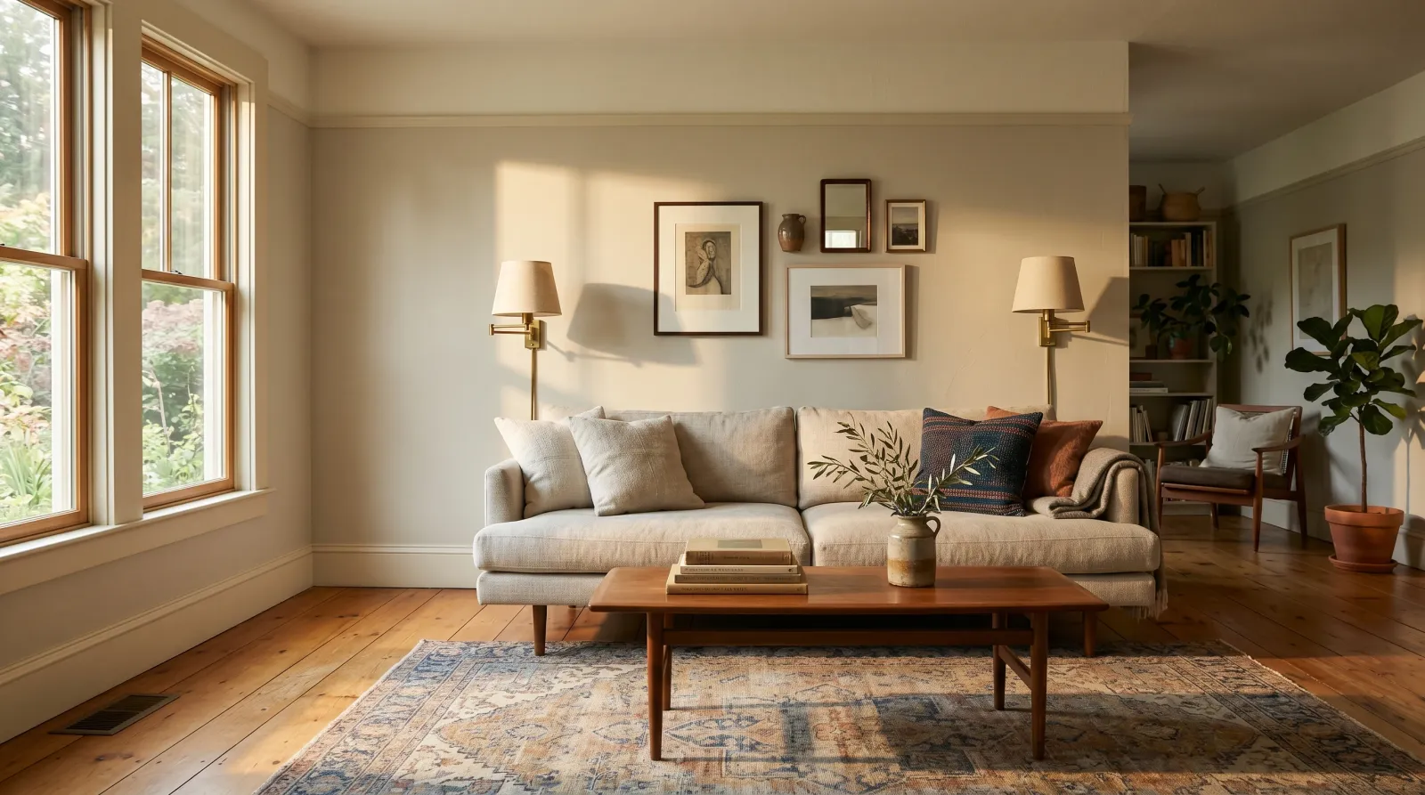 Quiet contemporary living room in late-afternoon light with a warm pale greige wall, creamy white trim, linen sofa, brass lamps, and a wool rug on honey oak floors
