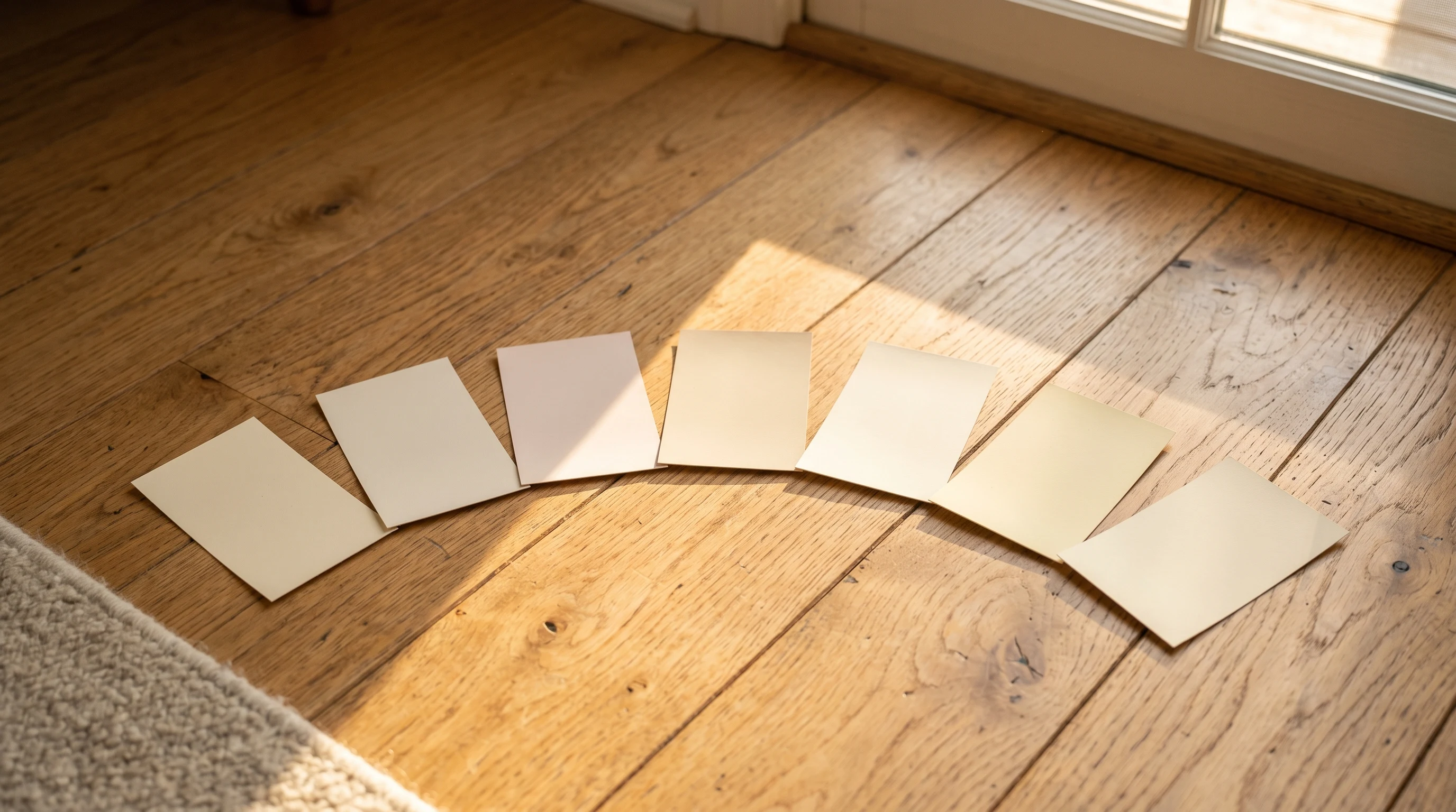 Seven warm white paint chips fanned across a soft oak floor in late-afternoon golden window light