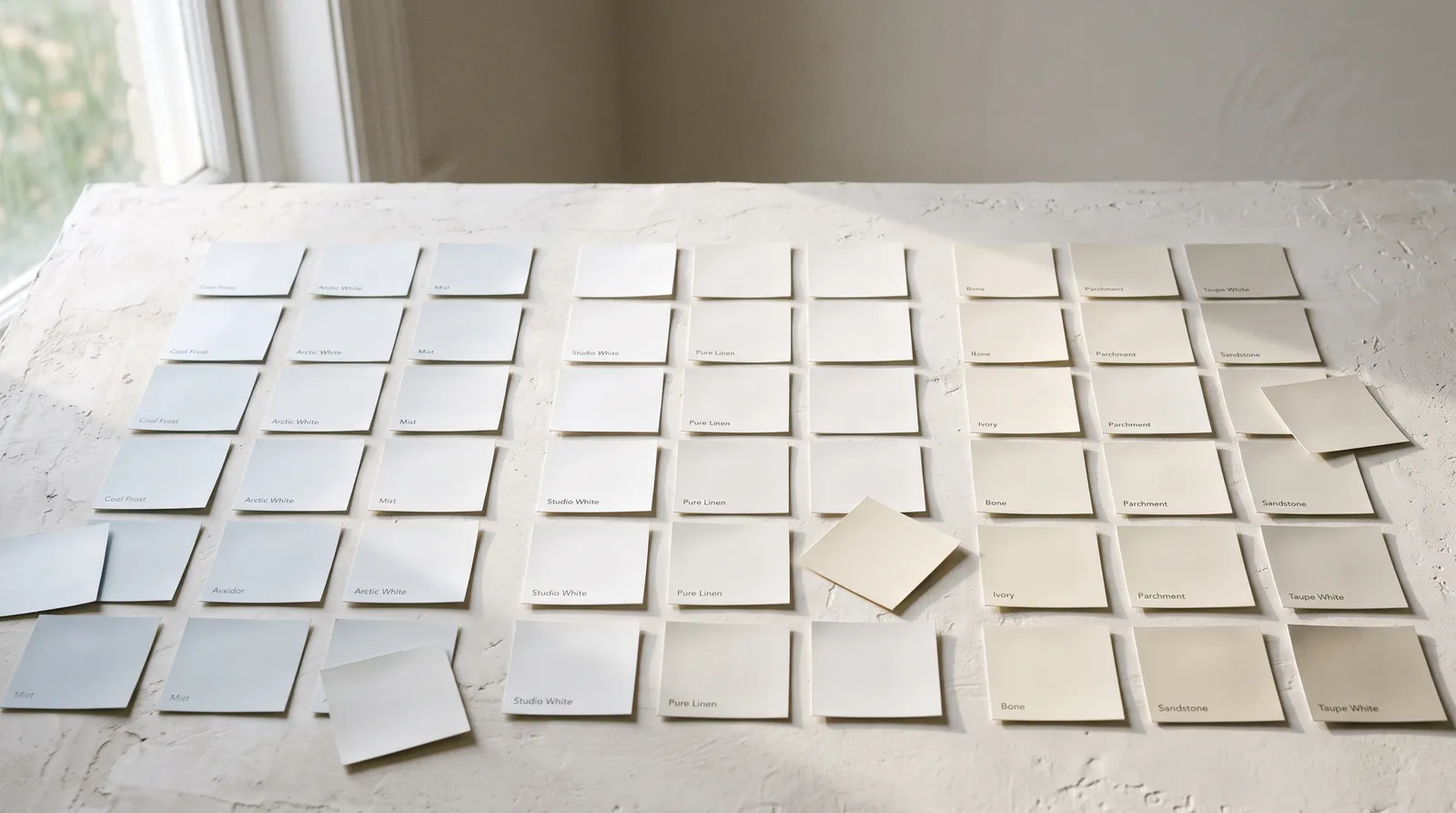 A grid of white and off-white paint chips arranged from cool grey whites to warm cream whites, raked by low window light