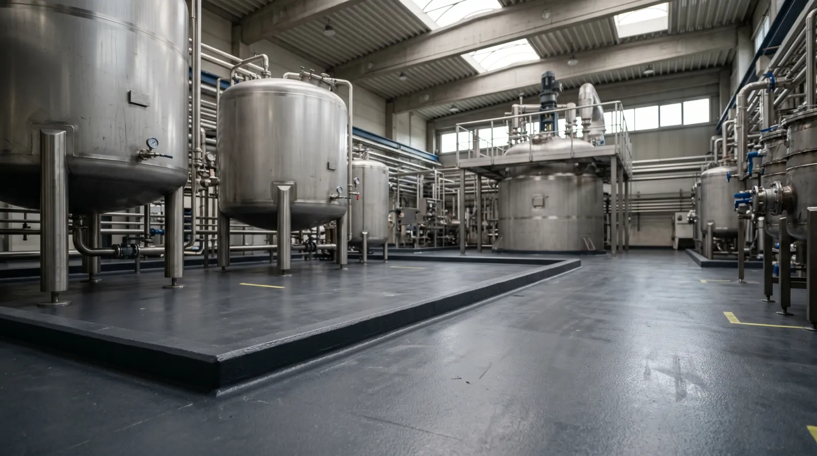 Seamless chemical-resistant floor coating in a processing plant with coved base and containment curb