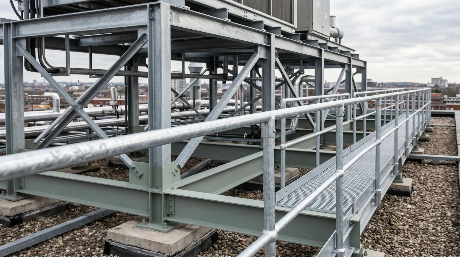 Hot-dip galvanized steel railing and structural frame with primer being applied on a commercial rooftop