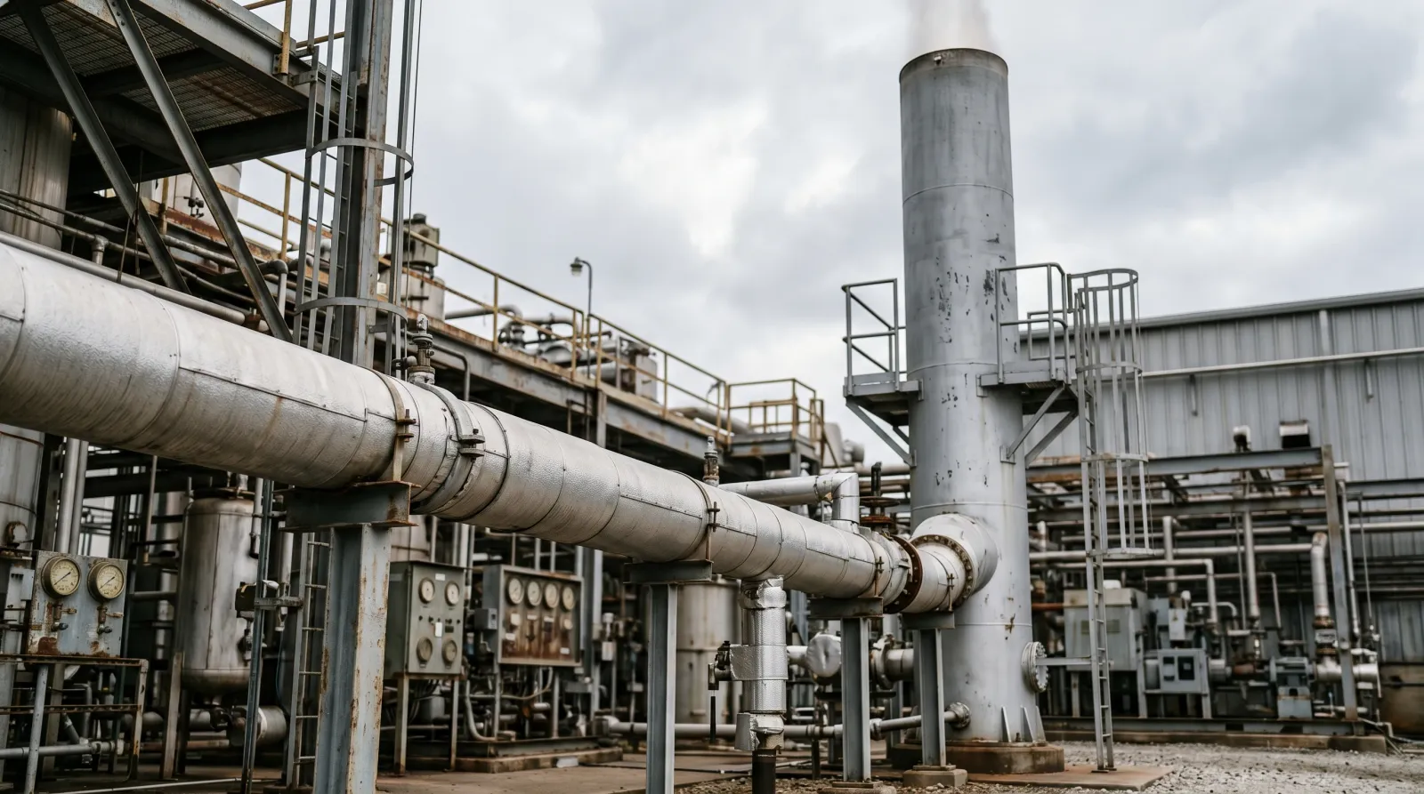 Exterior process piping and an exhaust stack coated in aluminum-gray high-heat paint at an industrial plant