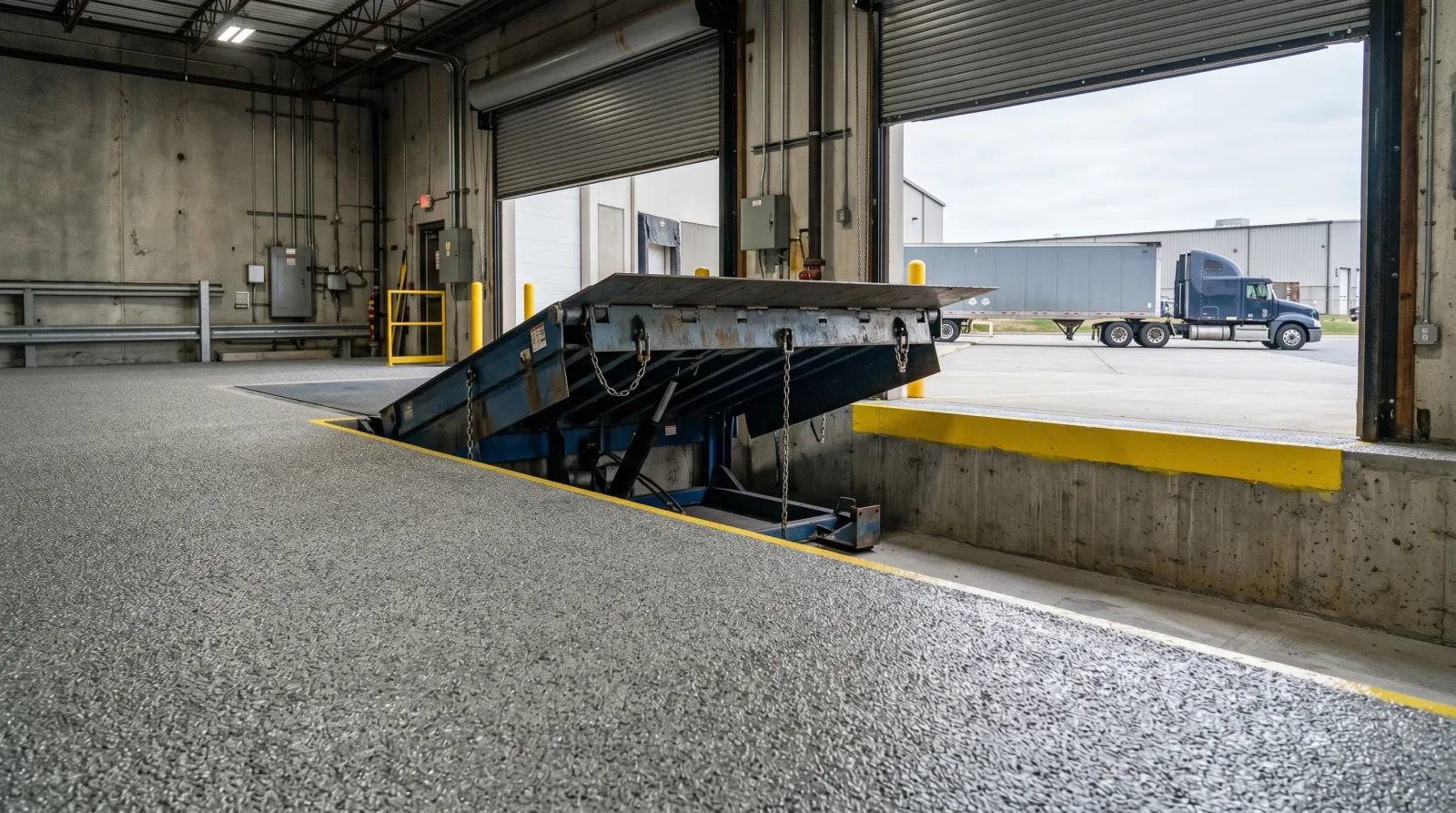 Loading dock with textured anti-slip floor coating, steel dock leveler, and yellow painted edge line at an open truck bay