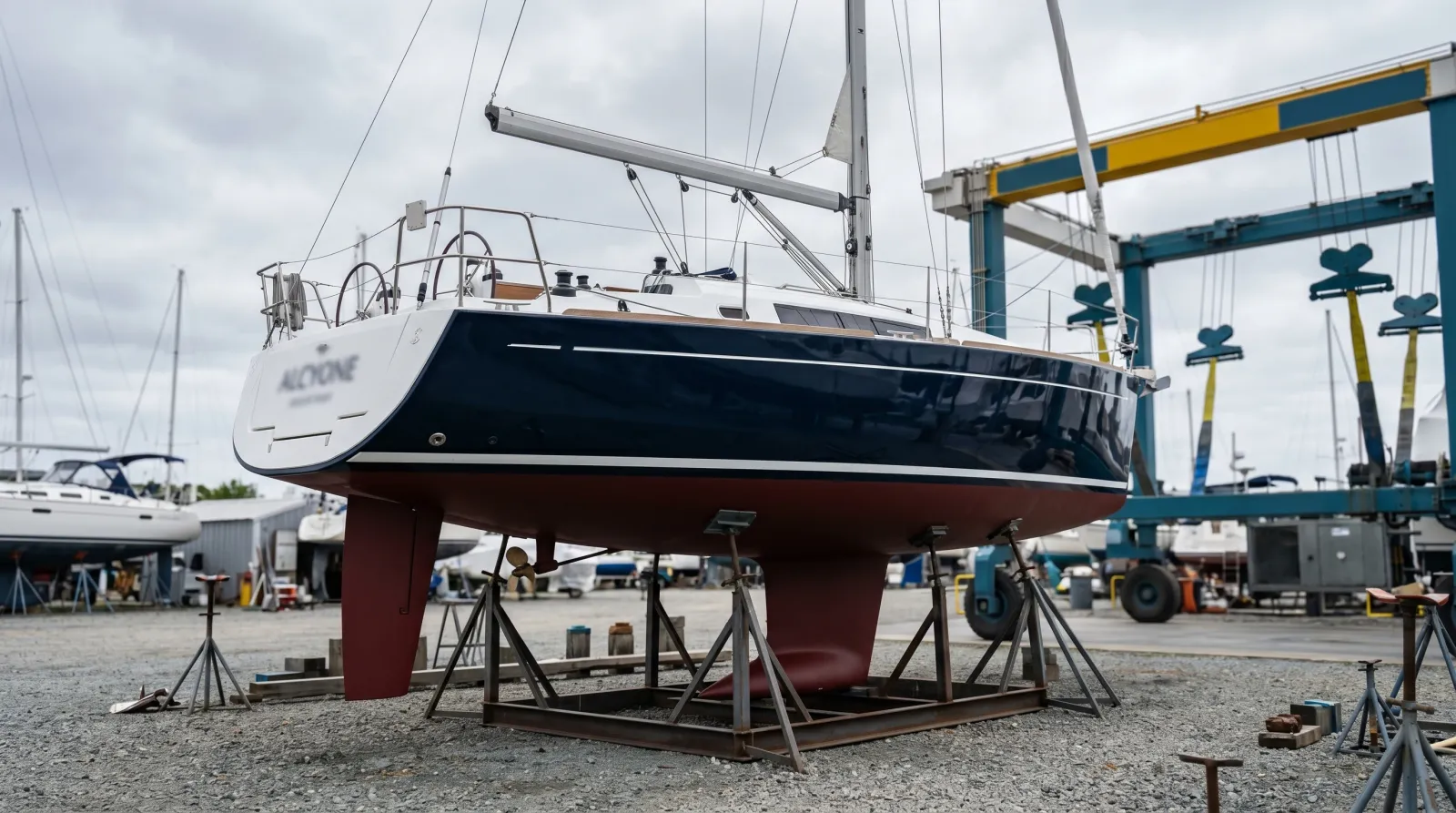 Hauled-out sailboat hull with fresh red antifouling bottom paint and white topside in a boatyard