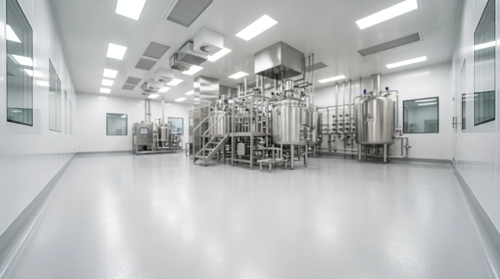 Seamless resinous pharmaceutical floor with integral cove base in a clean process suite