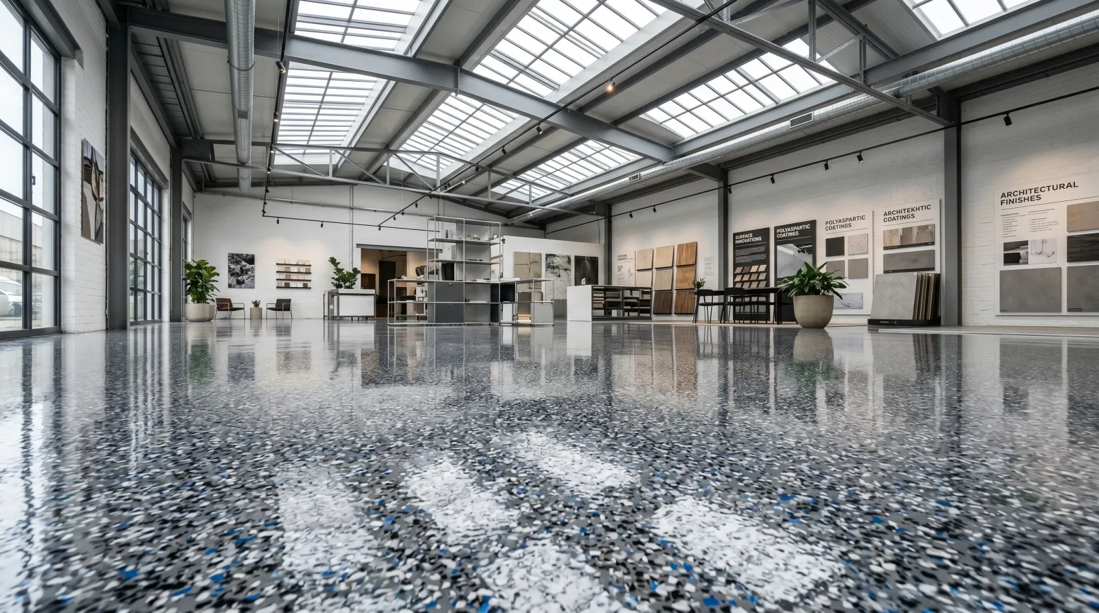 Commercial polyaspartic floor with broadcast vinyl flake under skylight daylight