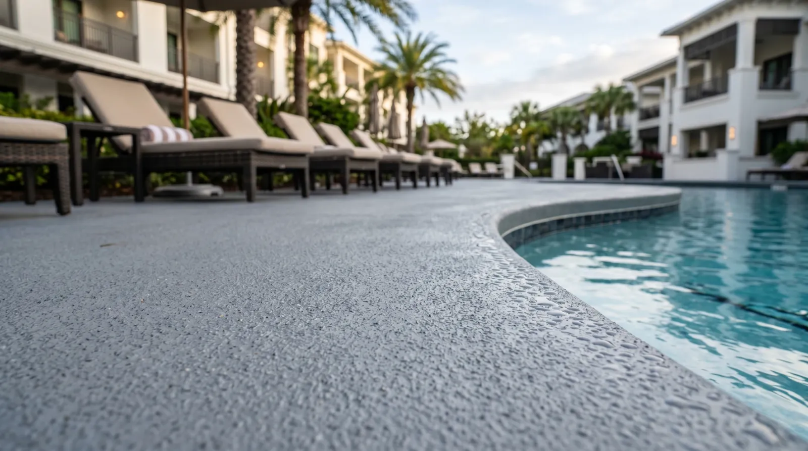 Textured anti-slip coated pool deck around a commercial resort pool in morning light