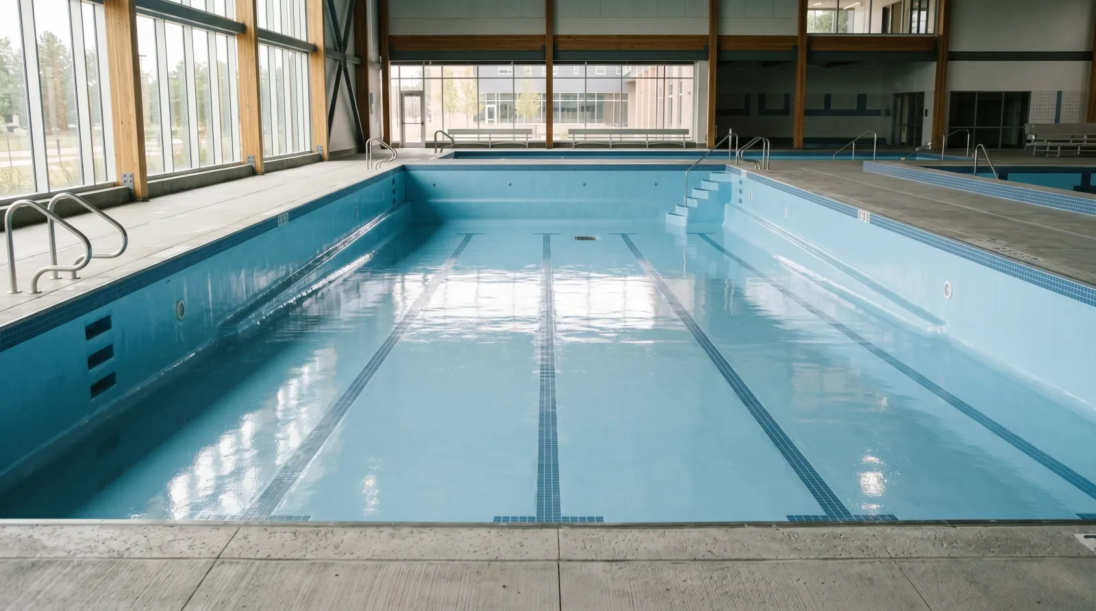 Empty commercial pool shell coated in glossy pale-blue epoxy under soft daylight