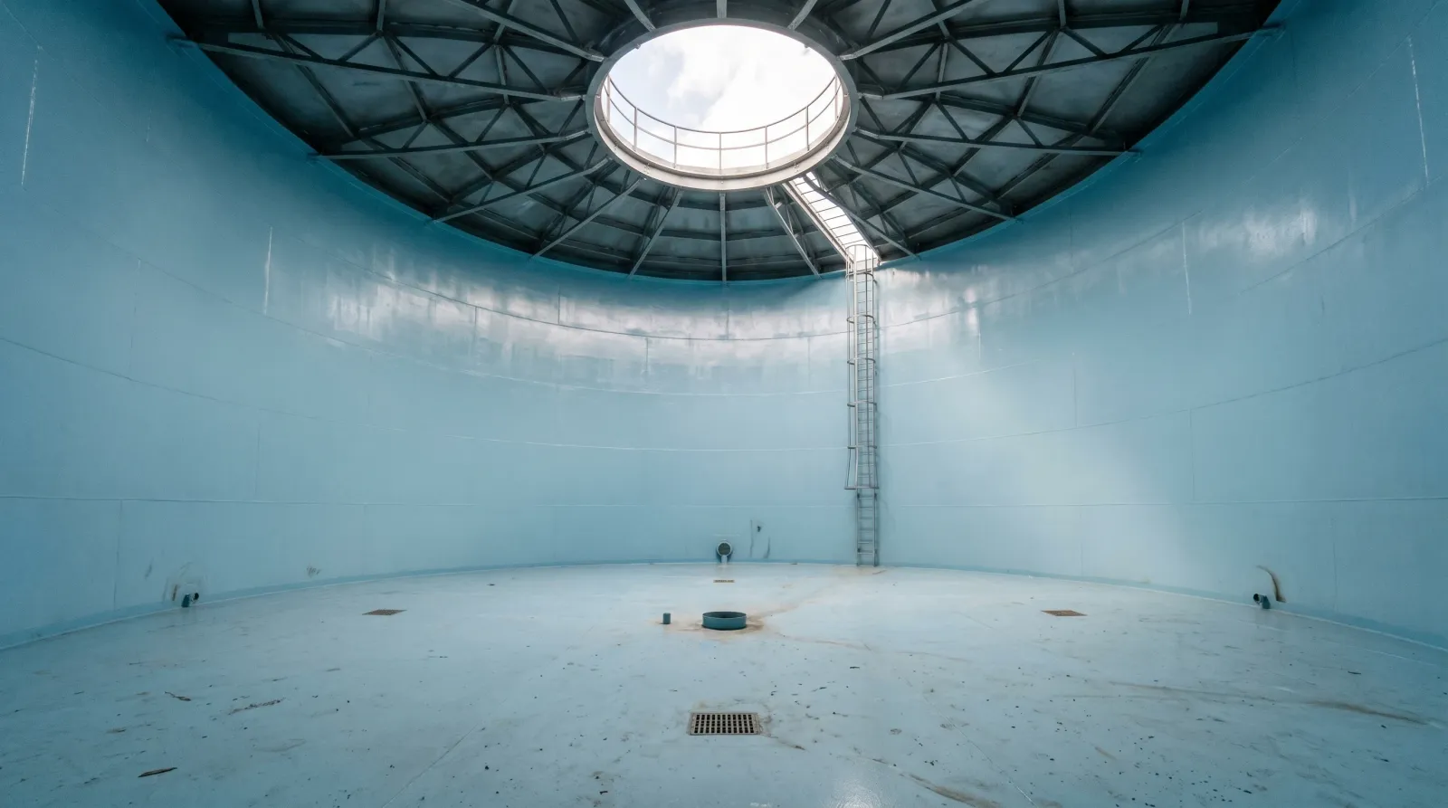 Interior of a welded steel potable water tank coated with a pale blue NSF certified epoxy lining