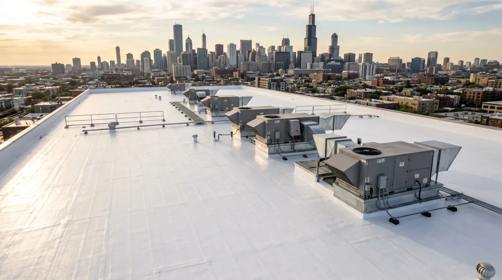 Low-slope commercial roof coated in reflective white silicone with rooftop HVAC units