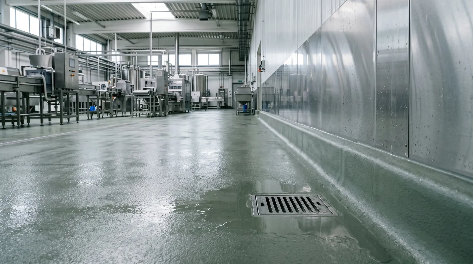 Food plant floor with gray-green urethane cement coating, integral coved base, and floor drain under wash-down conditions