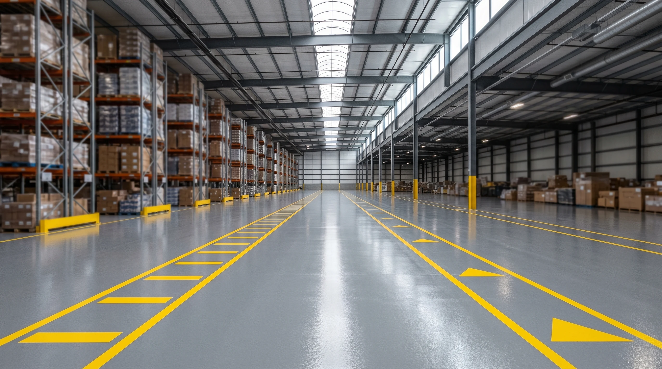 Distribution-center warehouse floor with gray polyaspartic coating and yellow OSHA aisle striping under skylight