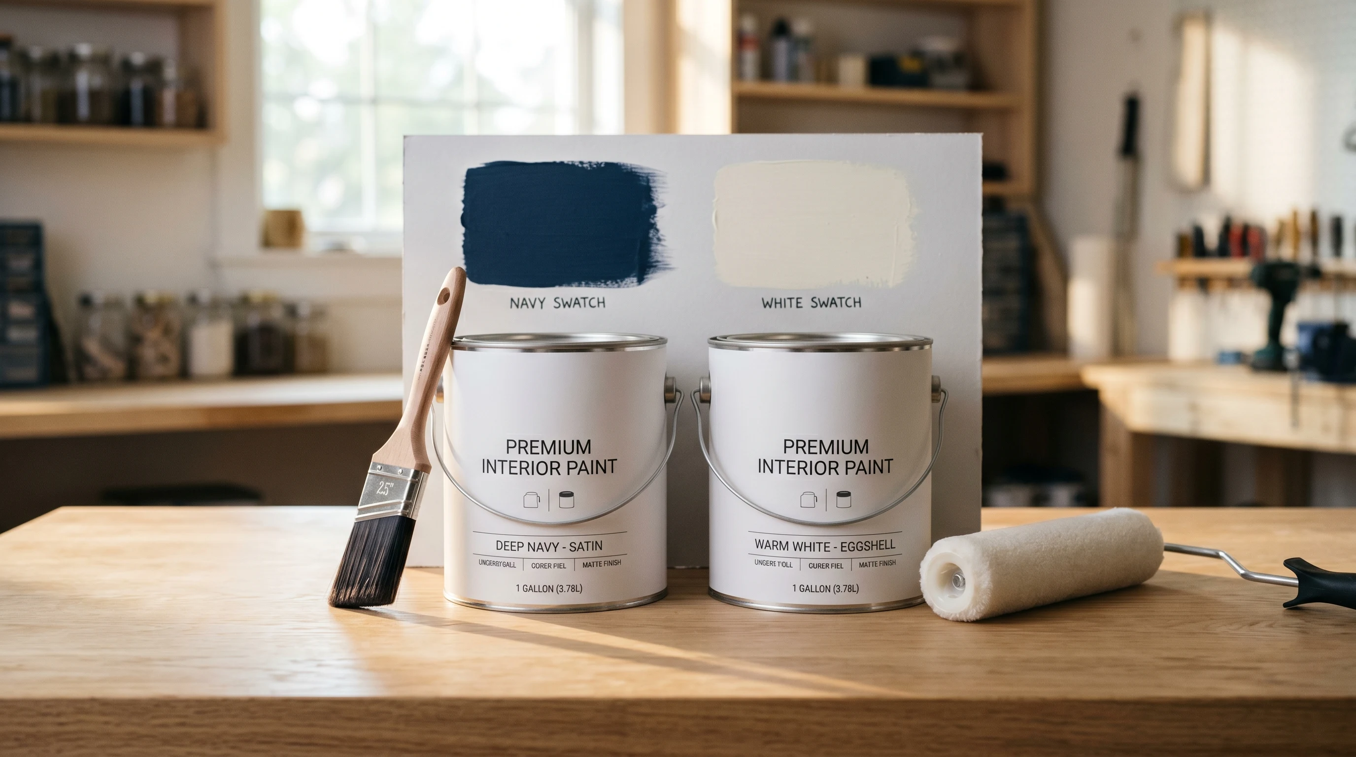 Two premium interior paint cans on a workbench with a sash brush, microfiber roller, and a drywall sample board showing navy and warm-white swatches
