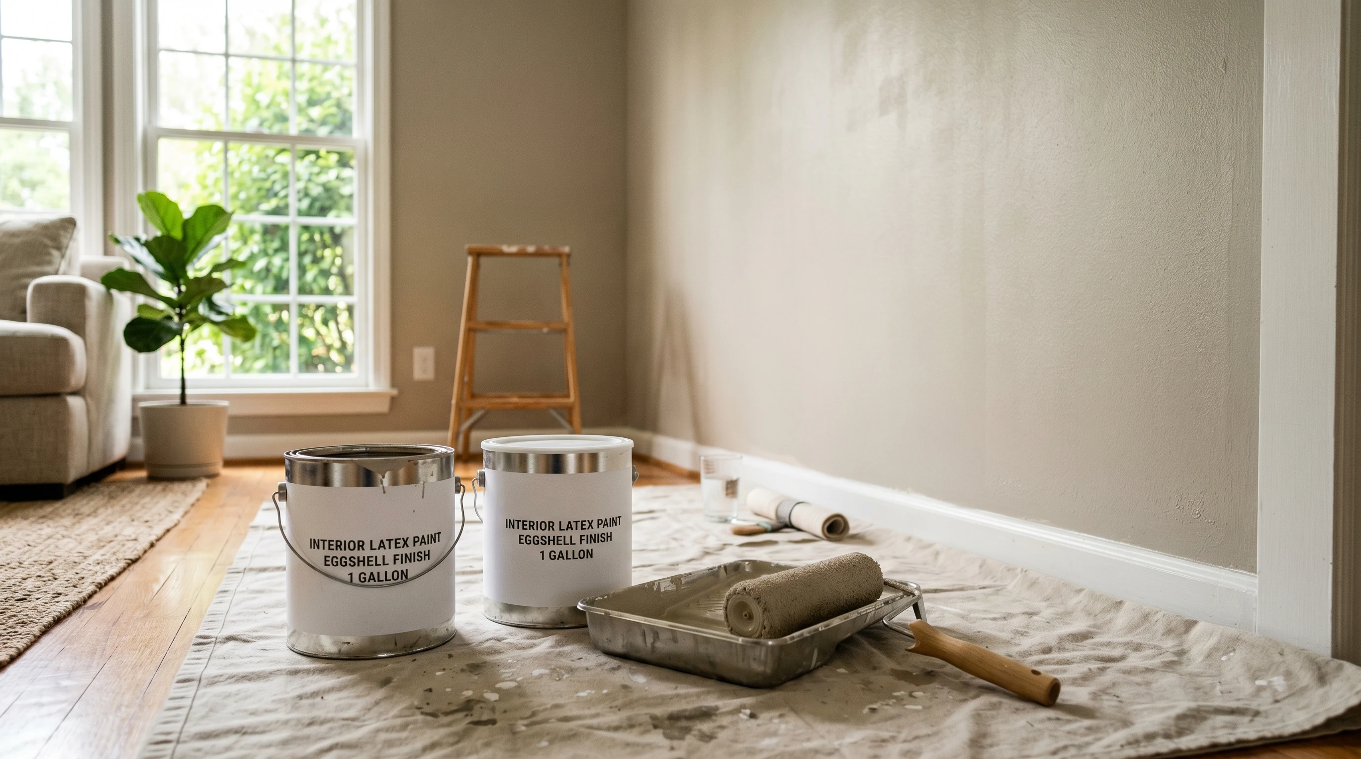 Two big-box interior paint cans on a drop cloth in a sunlit living room with a roller, tray, and a freshly painted greige accent wall behind