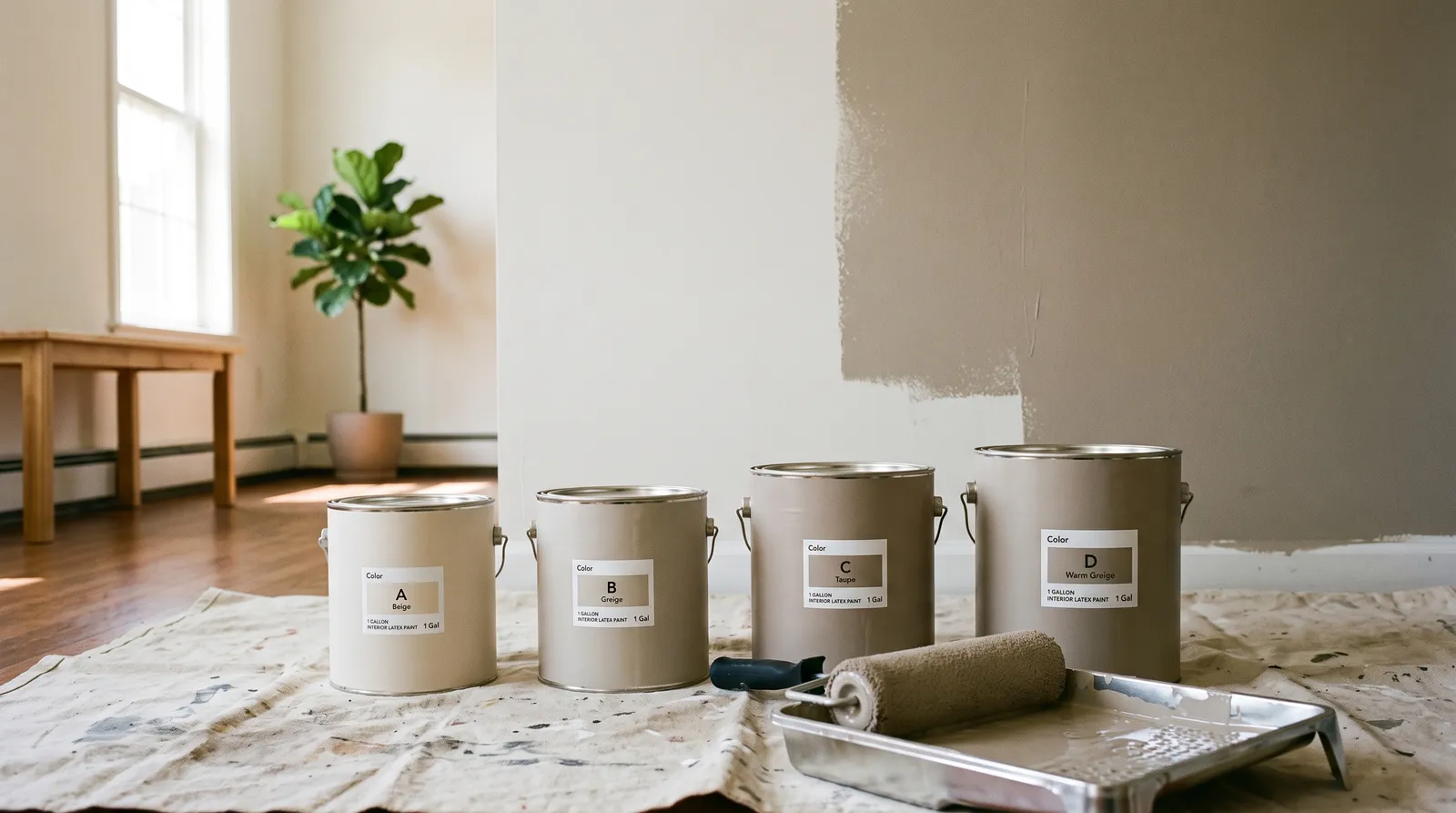 Four interior paint cans lined up on a drop cloth in a sunlit living room with a roller and tray, a half-painted greige wall behind