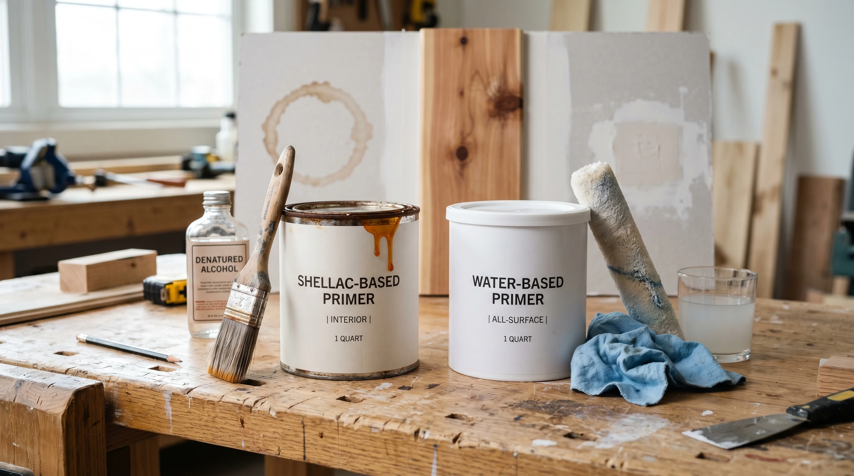Two primer cans on a workbench beside their cleanup solvents and a sample board showing stain blocking on water rings, knot bleed, and patched drywall