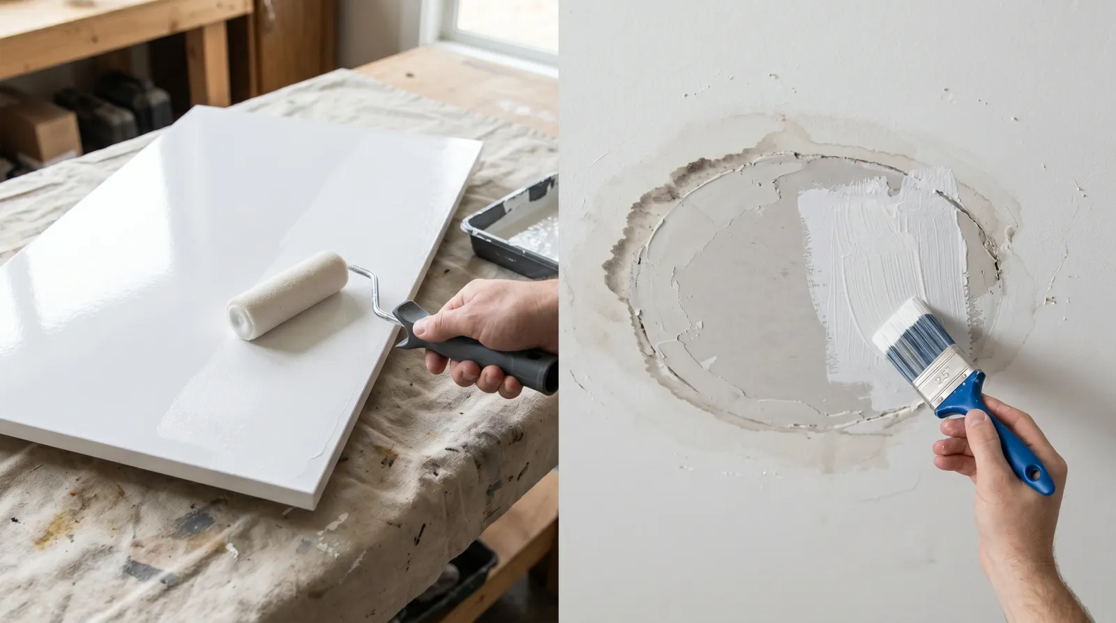 Bonding primer on a glossy melamine door beside stain-blocking primer over a water-stained ceiling patch