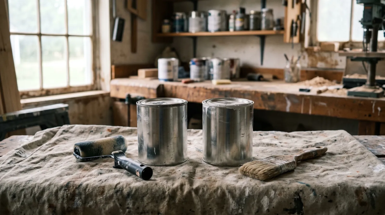 Two primer cans side by side on a drop cloth, bonding primer and stain-blocking primer