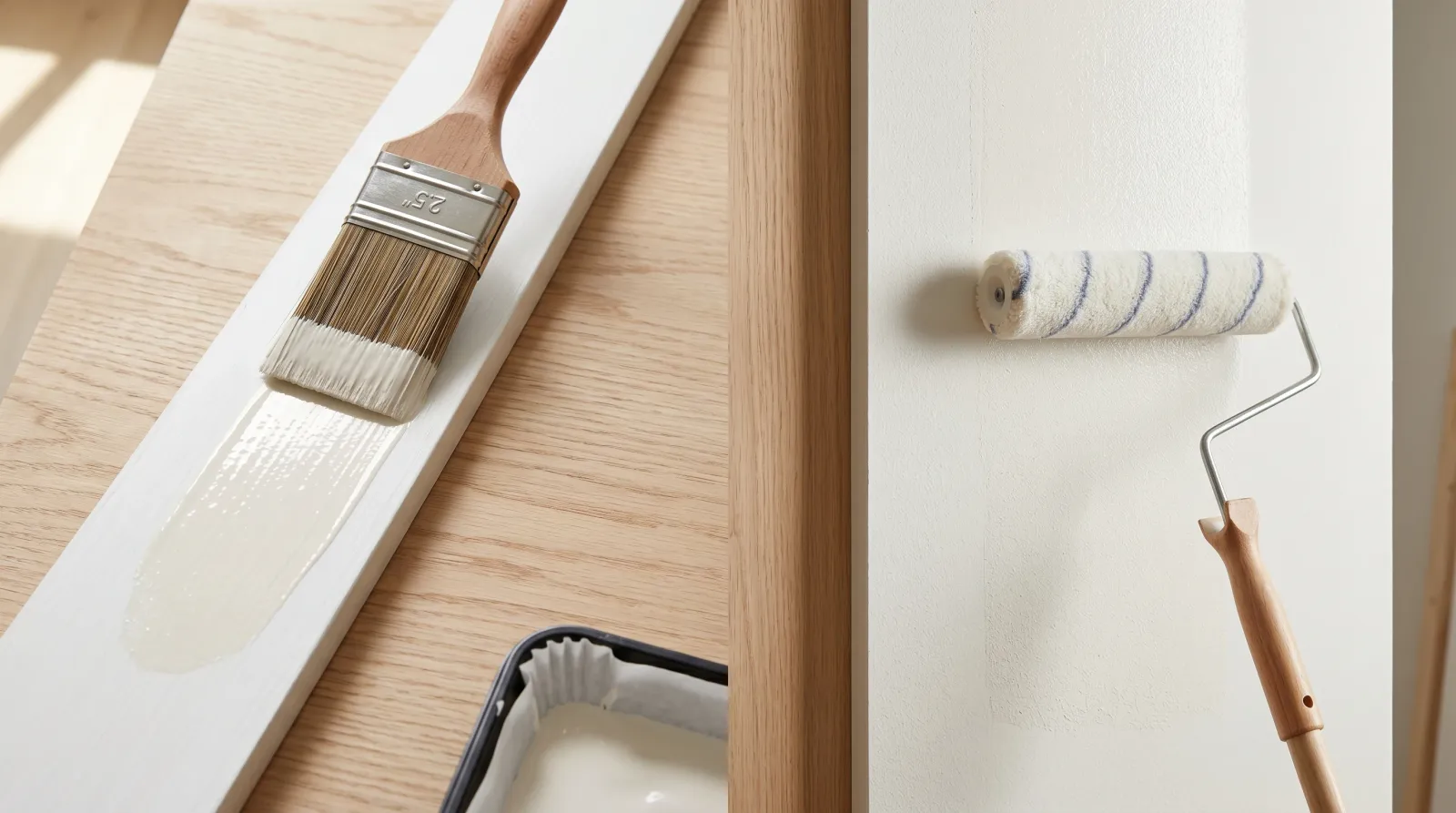 Overhead side-by-side of an angled sash brush on a trim board and a 9-inch roller on a wall panel, soft daylight