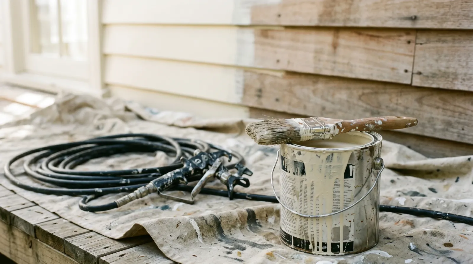 An angled sash brush across a paint can with an airless spray gun staged behind it on a drop cloth