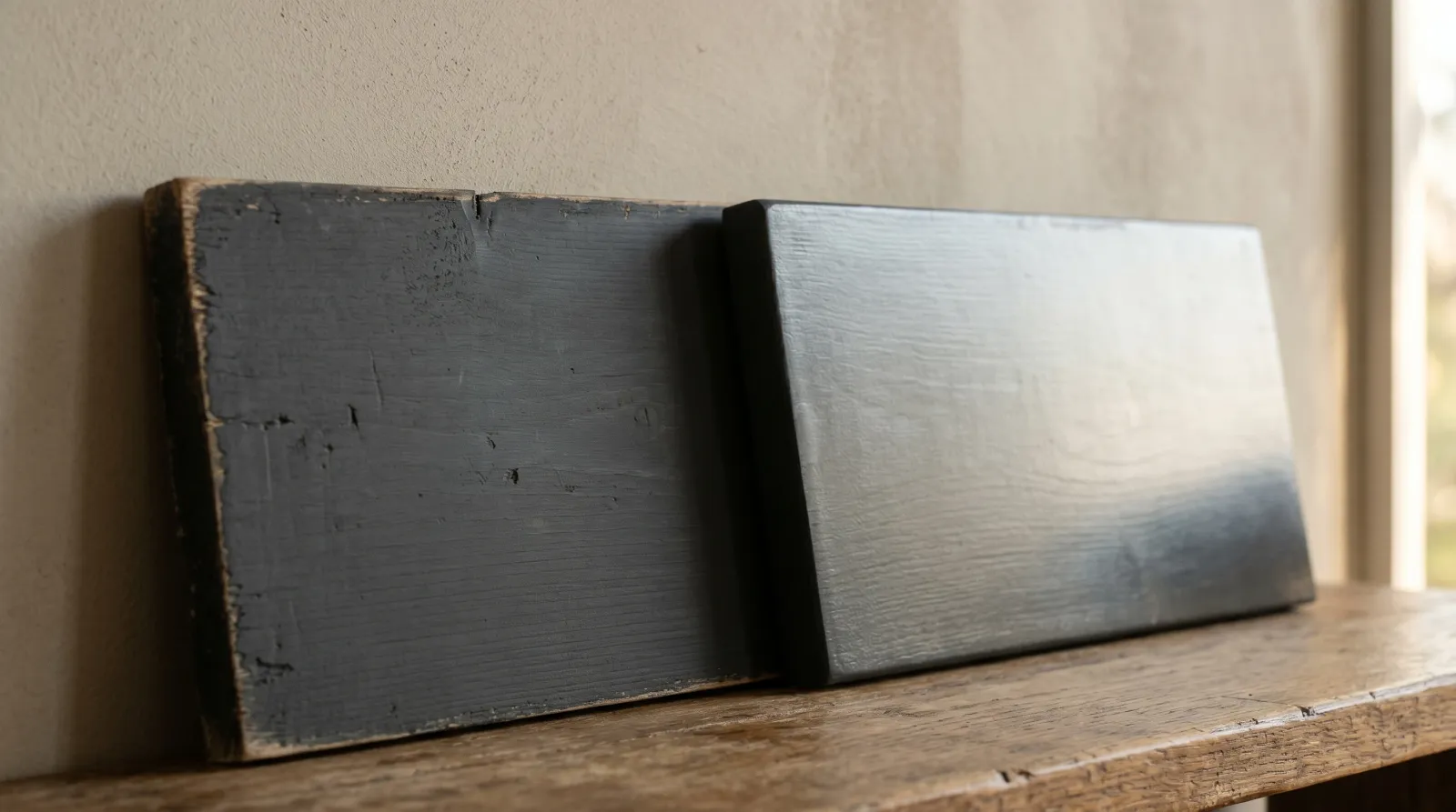 Chalk paint and latex paint sample boards side by side in raking light, showing matte versus soft-sheen surfaces