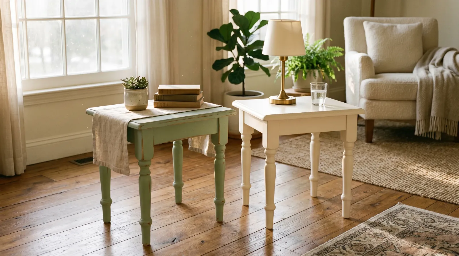Two side tables side by side, one in matte chalk paint and one in smooth latex paint, in soft window light