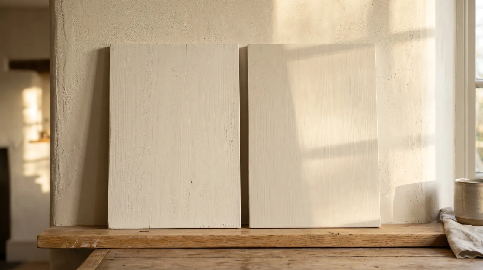 Chalk paint sample board next to a mineral paint sample board in raking light, showing the difference in surface texture