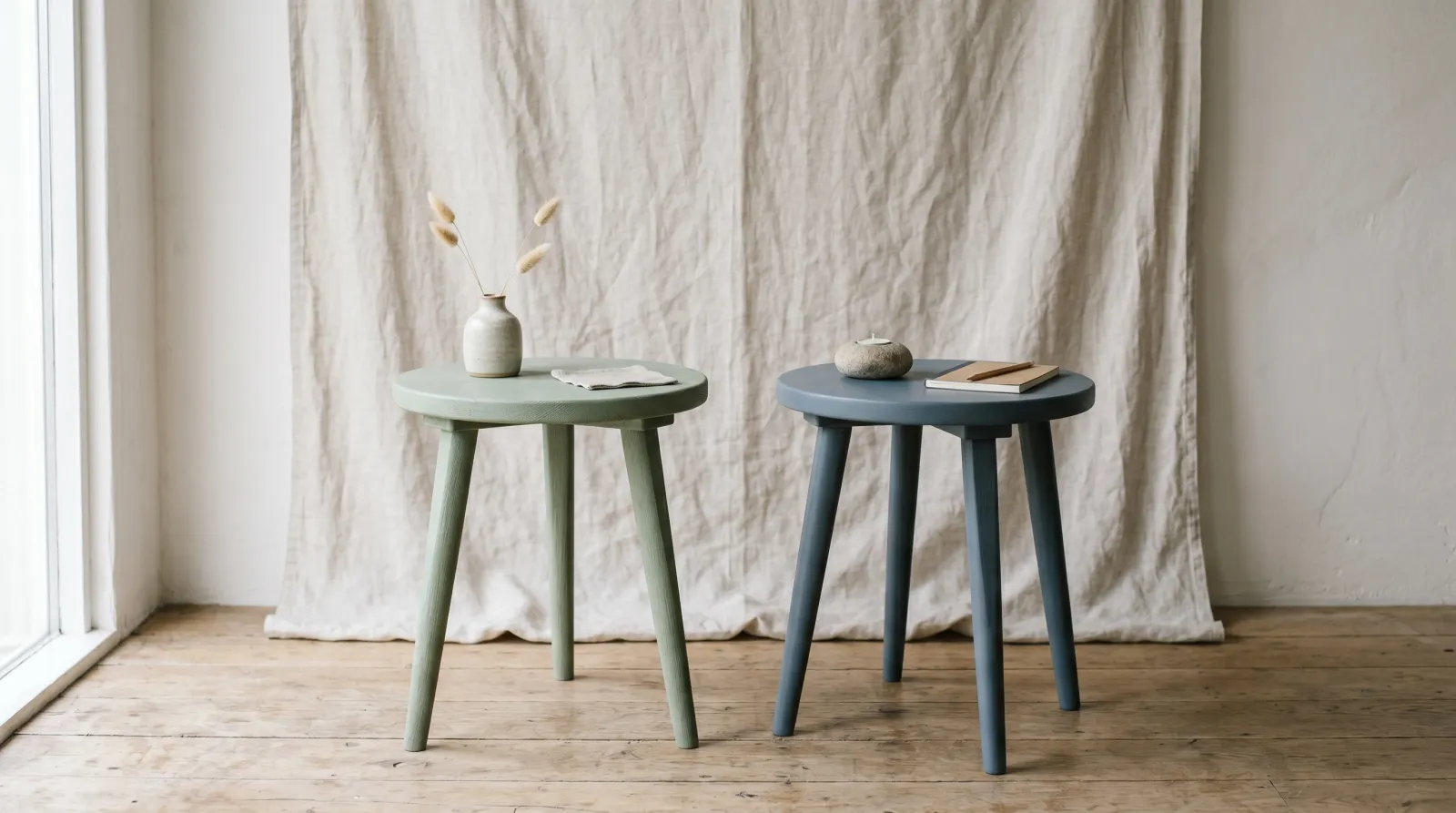 Two painted side tables side by side, one chalky matte and one smooth mineral finish, in soft daylight