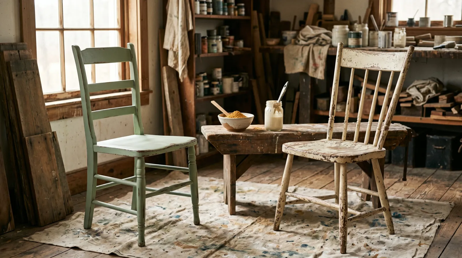 Two antique chairs side by side, one finished in chalk paint and one in milk paint, on a workshop bench