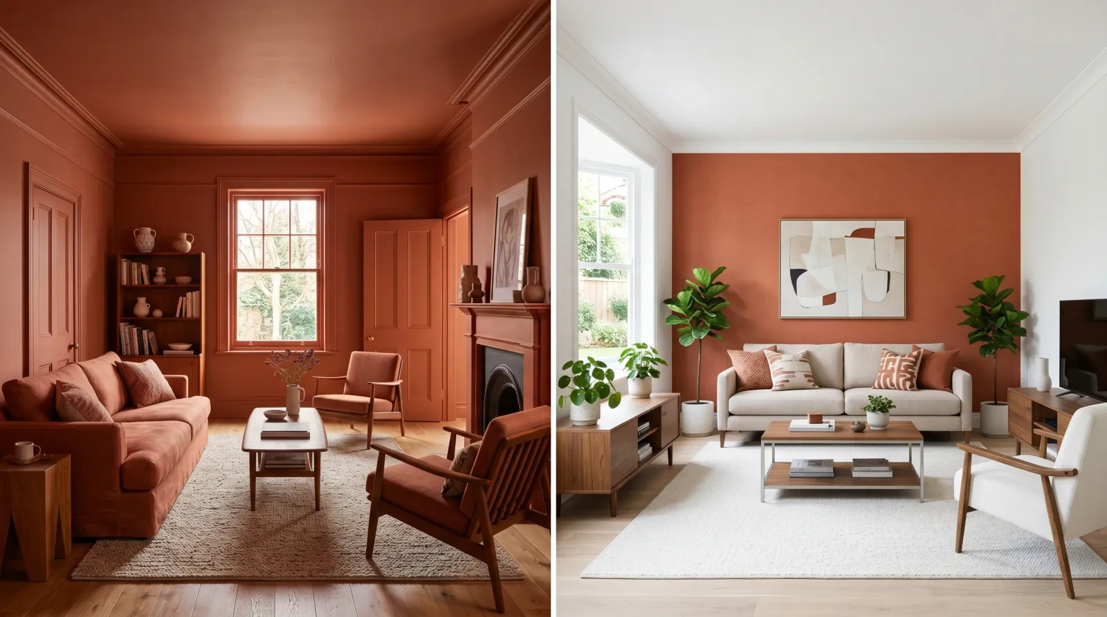 Side-by-side living rooms, one color-drenched in terracotta and one with a single terracotta accent wall