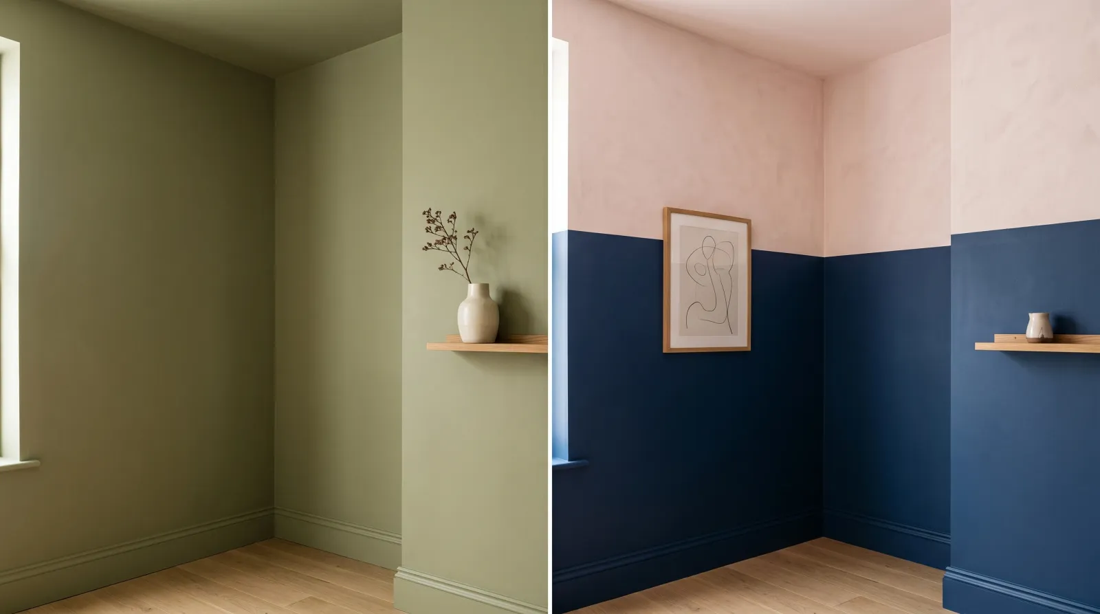 Two wall corners side by side, one color drenched in olive, one color blocked in navy and pink