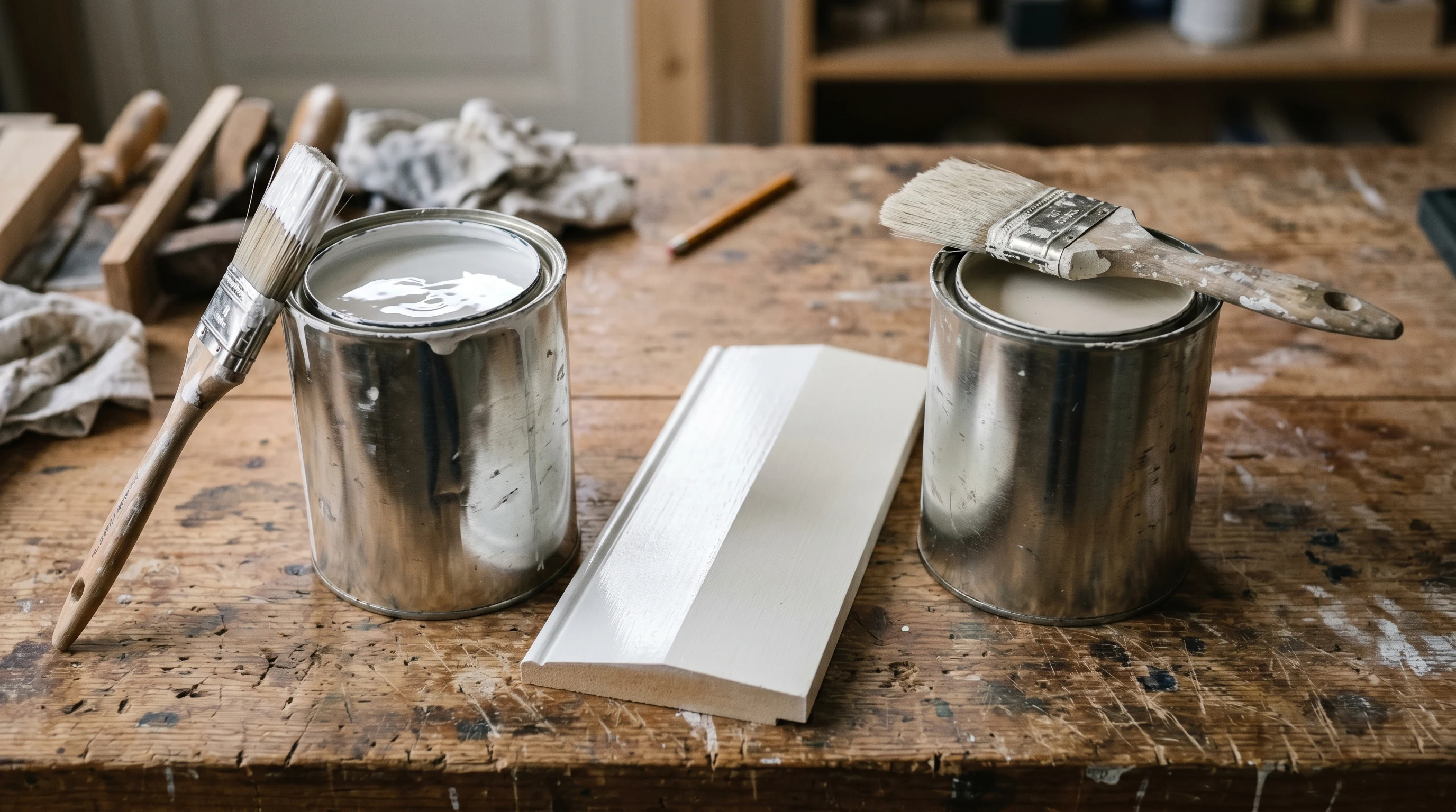 Two open paint cans on a workbench, one glossy enamel and one flat wall paint, with a sample of trim between them