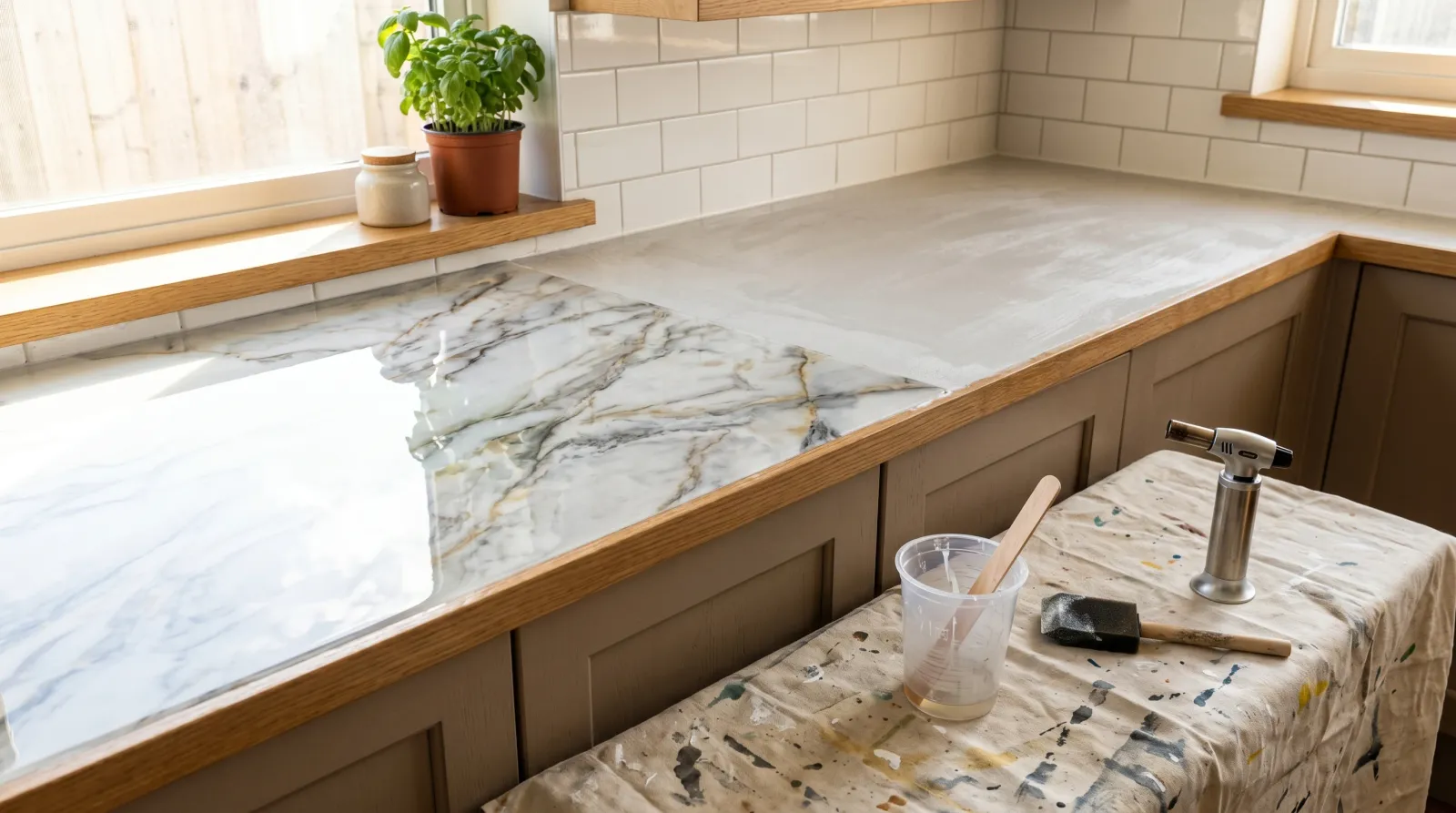 A kitchen counter mid-refinish, one half glossy poured resin with faux veining and the other half a brushed satin topcoat, with mixing cup and foam brush on a drop cloth