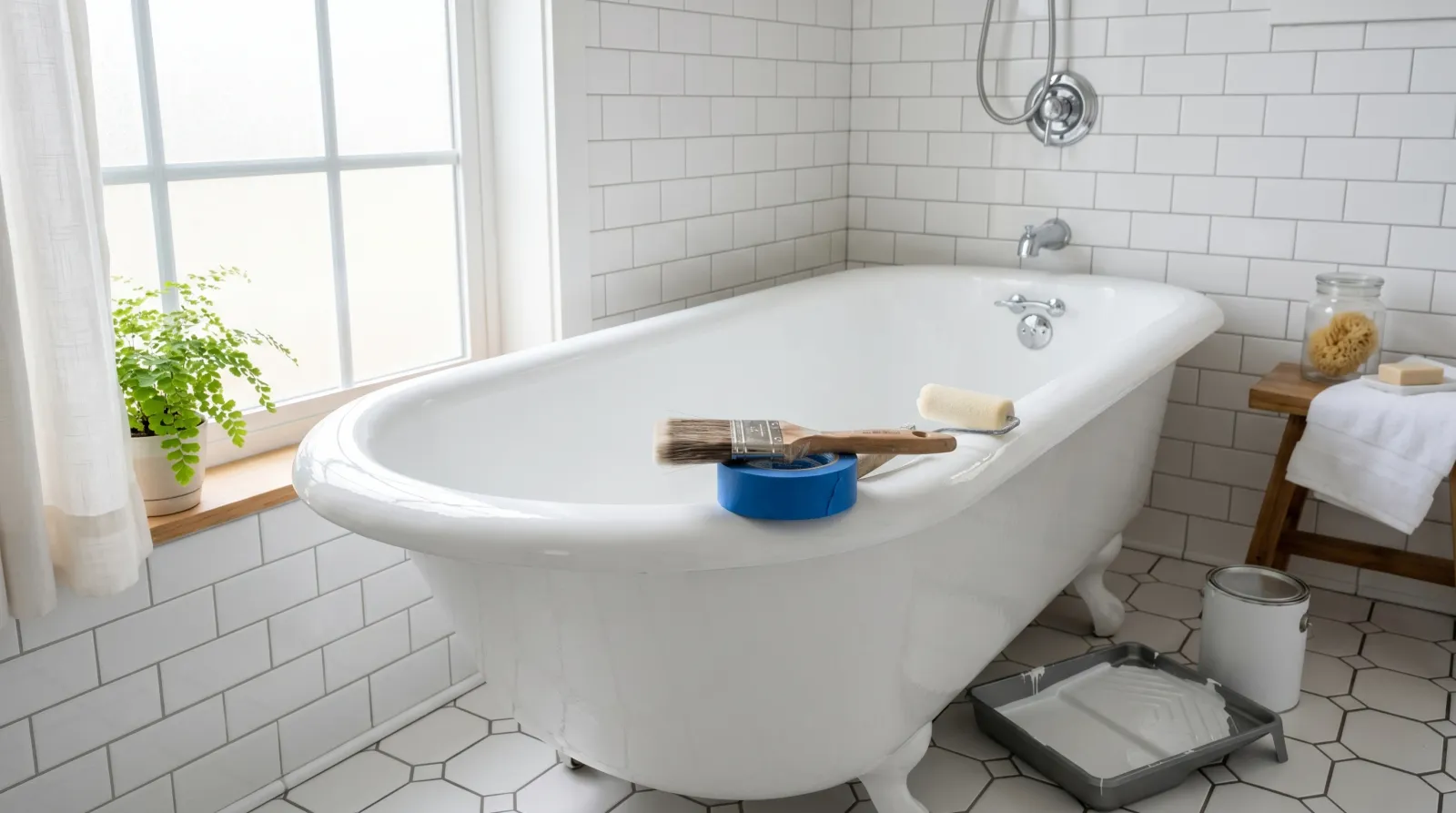 A freshly refinished white bathtub in a sunlit bathroom with a brush, foam roller, and tray of glossy white coating on the rim