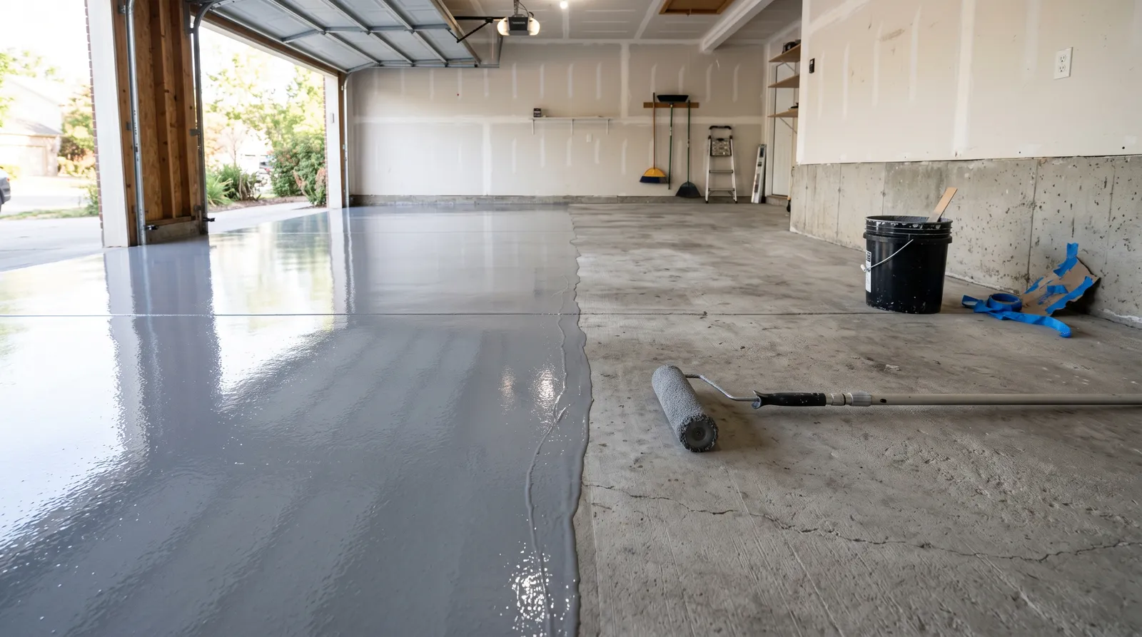 Half-coated two-car garage slab with a glossy gray floor finish meeting bare concrete at a wet edge in morning daylight