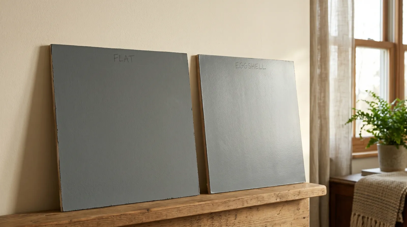 Flat and eggshell paint sample boards side by side in raking bedroom daylight