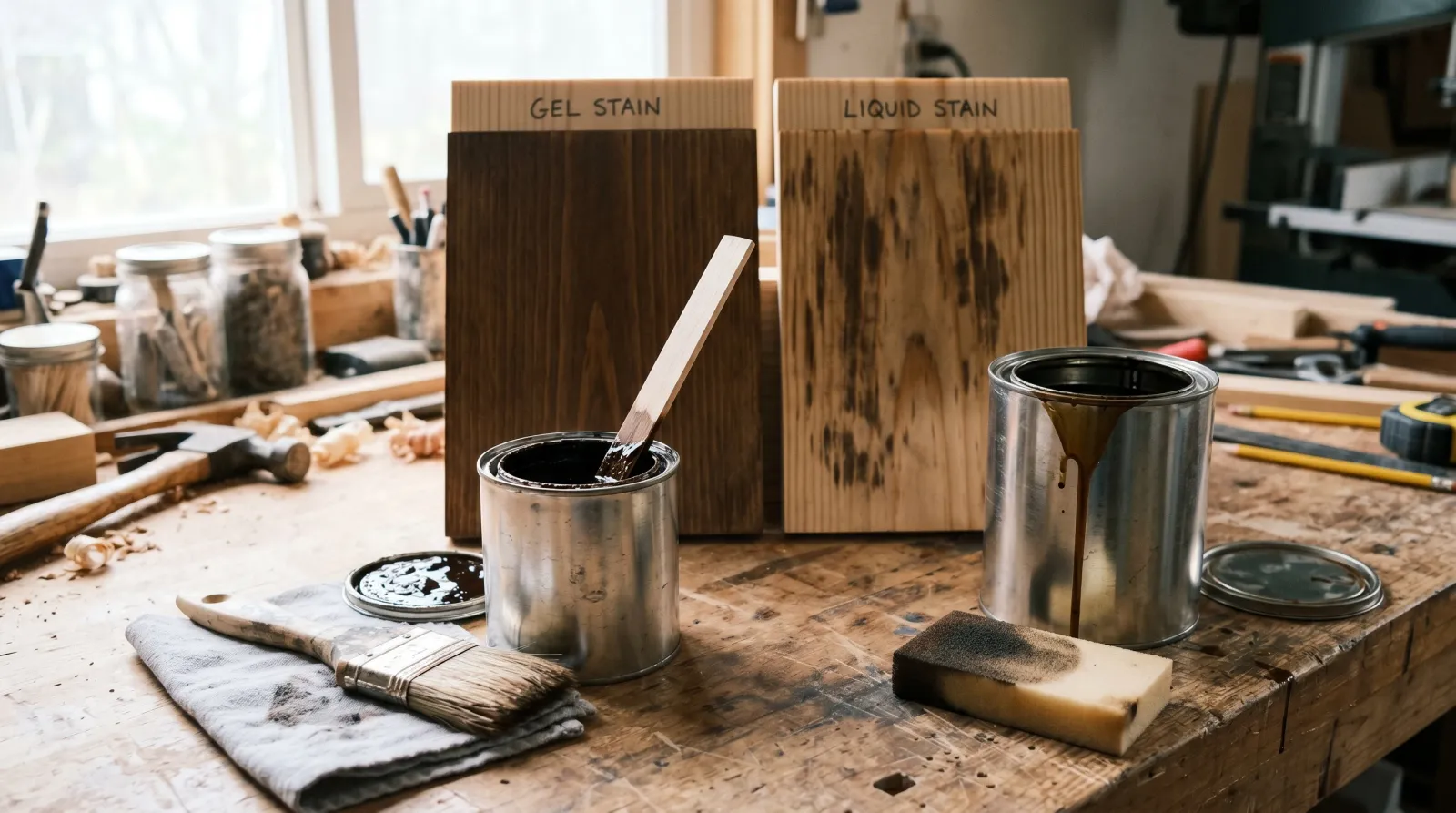 Two stain containers on a workbench beside two pine test boards showing even gel-stain coverage versus a blotchy liquid-stain result