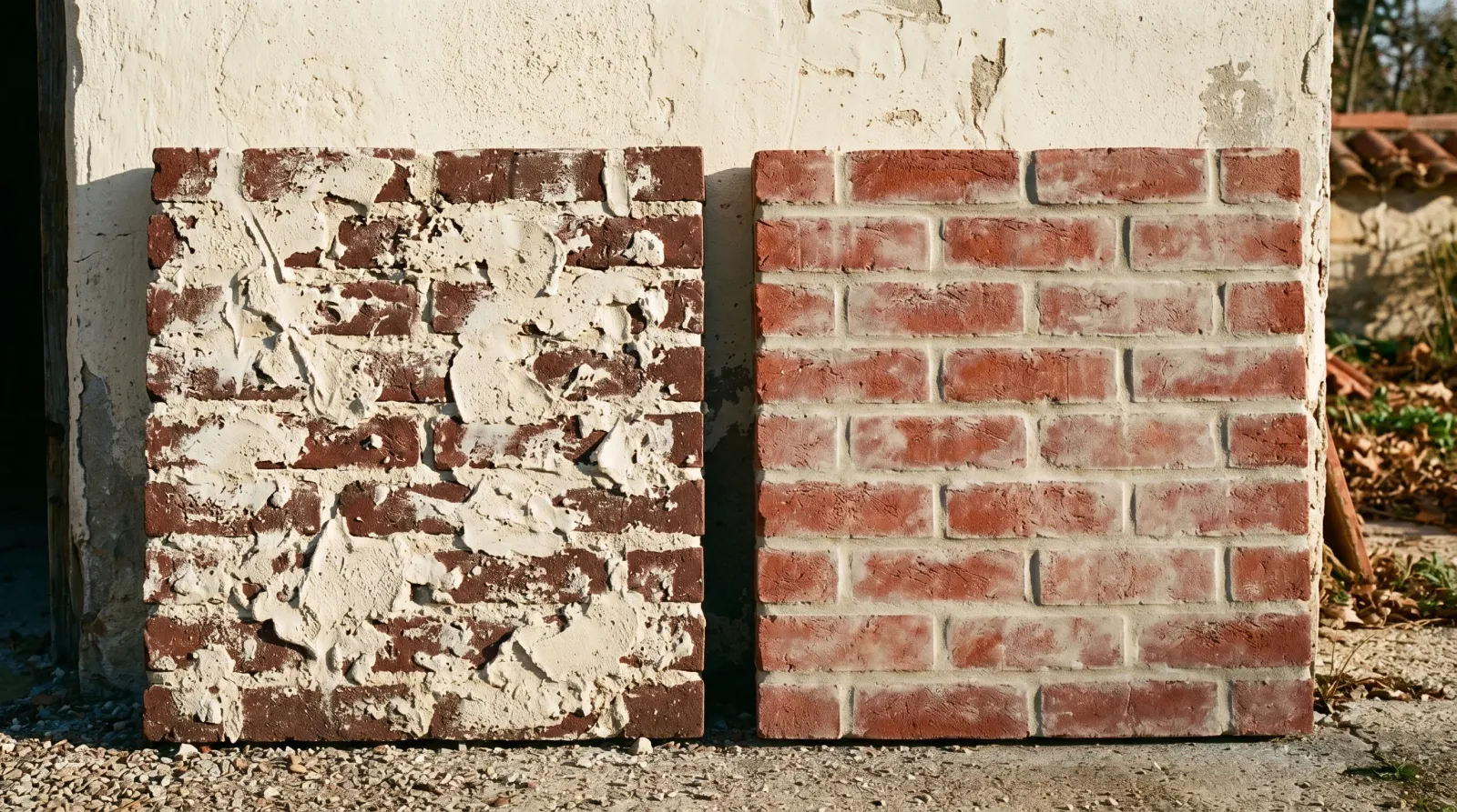 German smear brick sample next to a mortar wash brick sample in raking light, showing the difference in coverage and texture