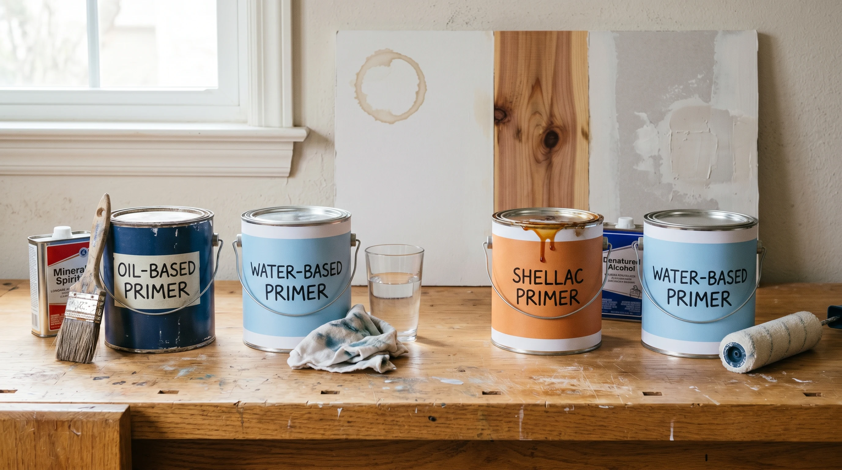 Four primer cans on a workbench beside their cleanup solvents and a sample board showing stain blocking on water rings, knot bleed, and patched drywall