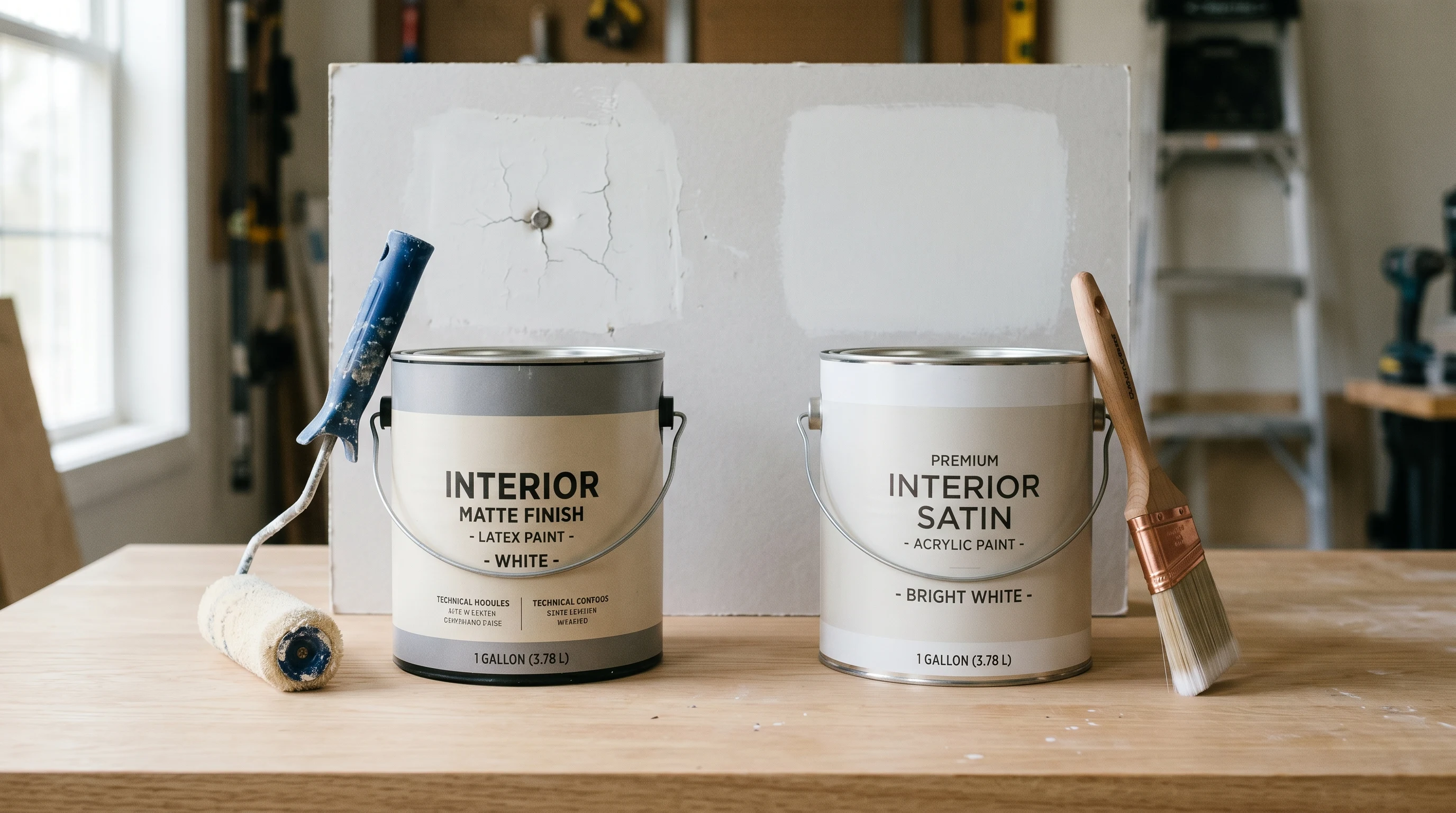 Two paint cans on a workbench beside a drywall sample showing a hairline-cracked vinyl-acrylic patch and a smooth 100% acrylic patch